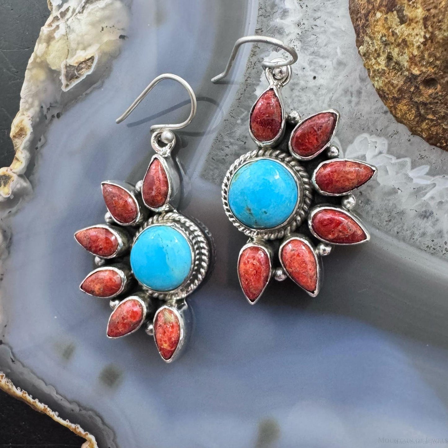 Sterling Silver Southwestern Style Turquoise/Coral Half-flower Cluster Dangle Earrings For Women