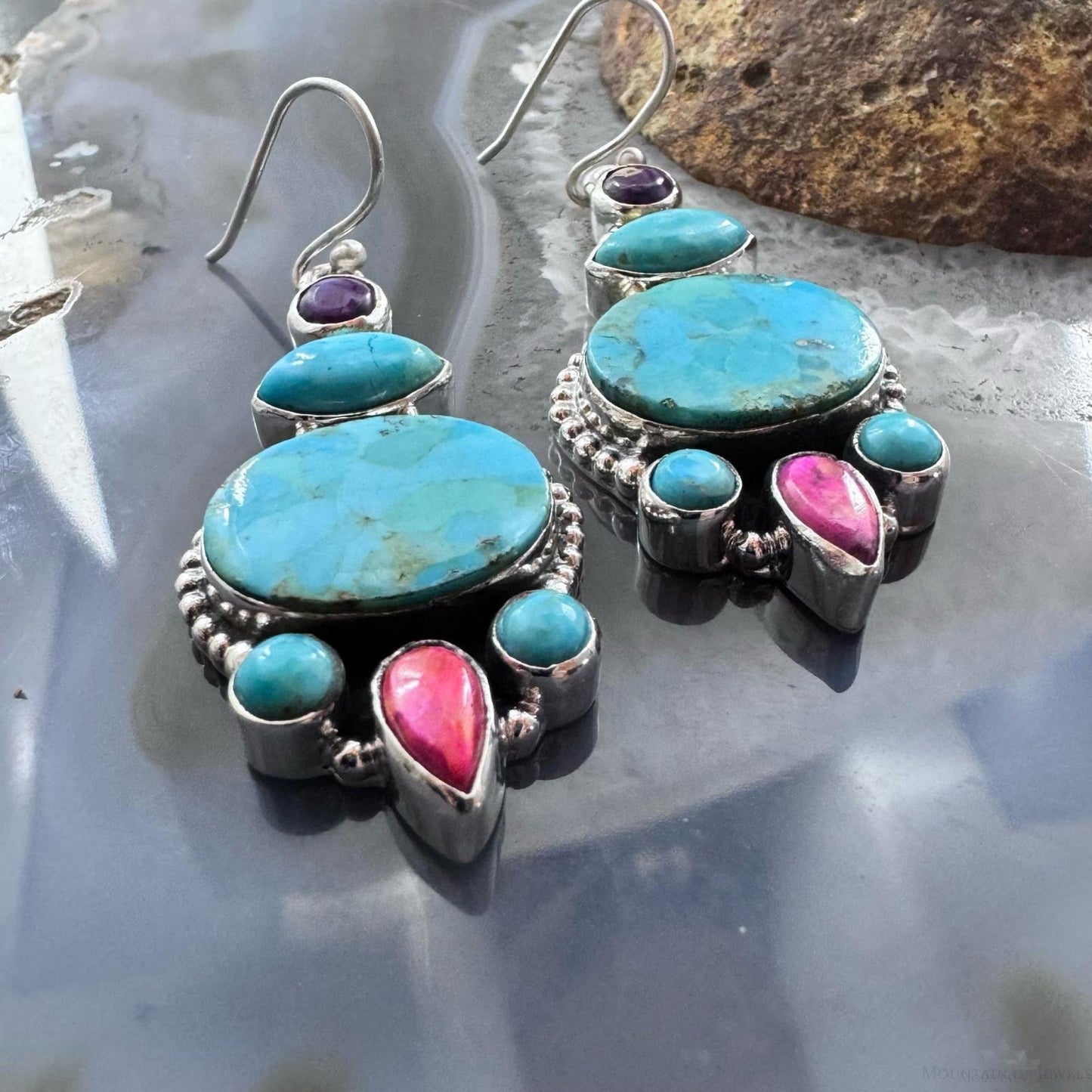 Sterling Silver Southwestern Style Turquoise, Pink & Purple Dahlia Dangle Earrings For Women