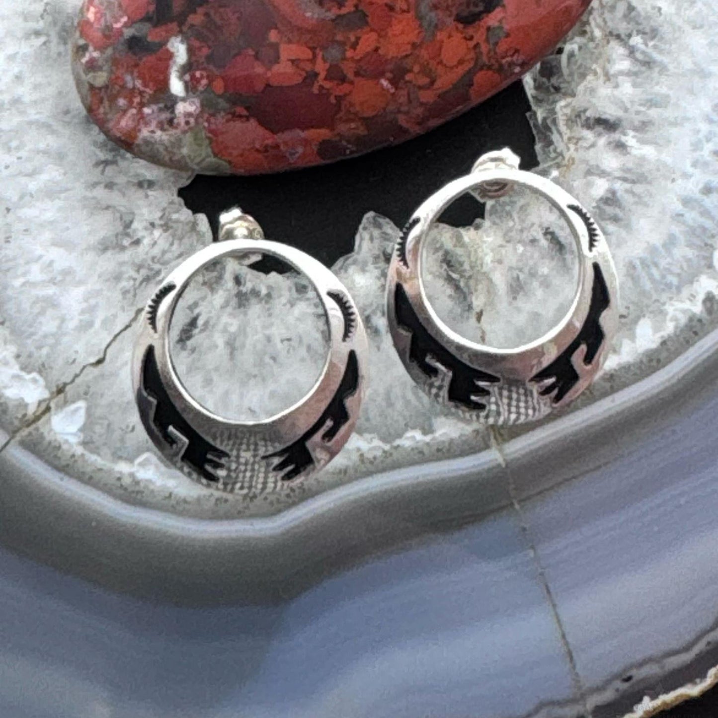 Tommy & Rosita Singer Sterling Silver Overlay Southwestern Motif Hoop Post Earrings For Women