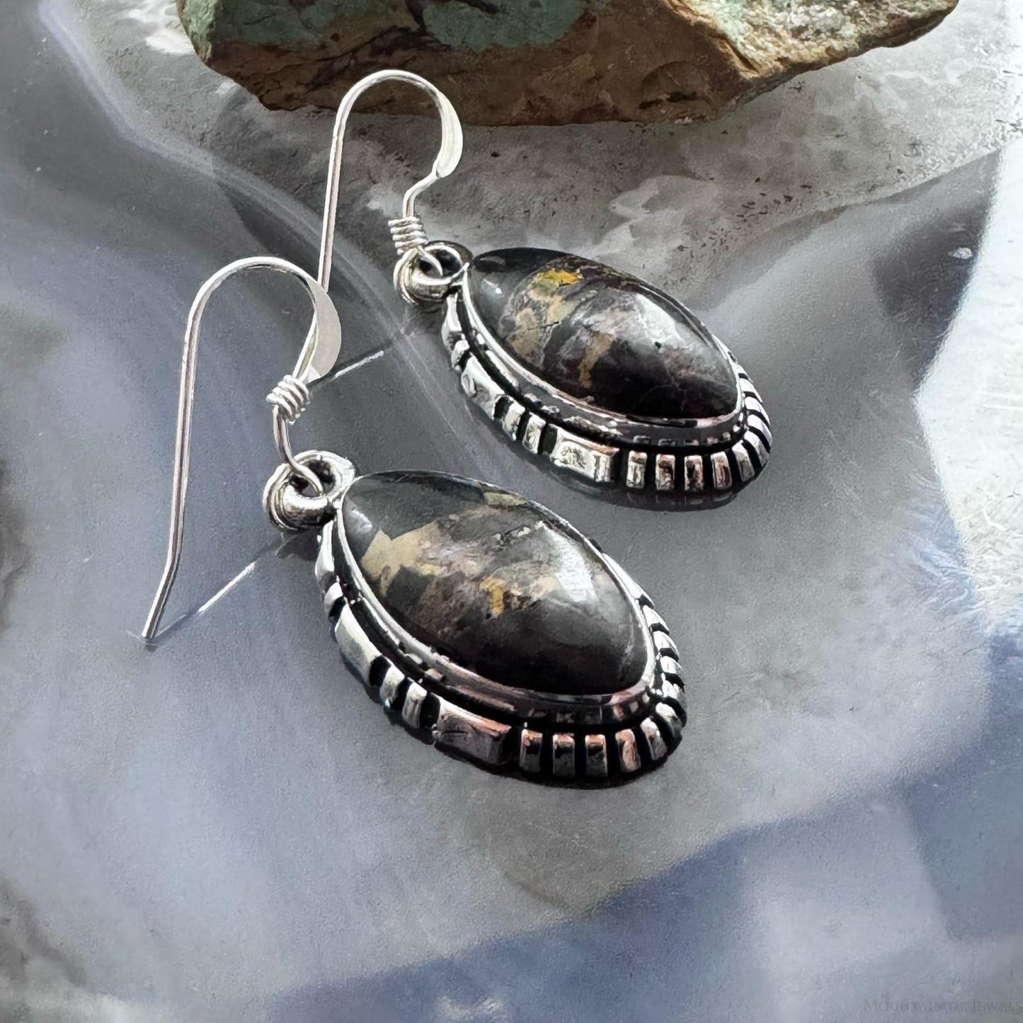 Native American Sterling Silver Marquise Blackjack Dangle Earrings For Women