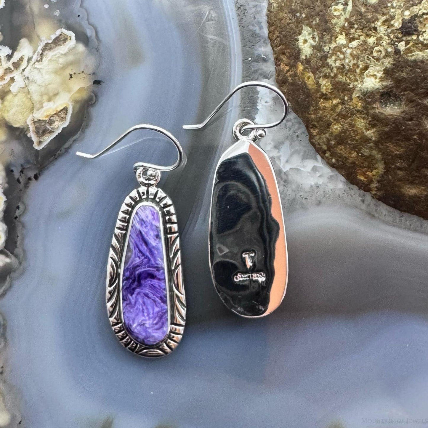 Native American Sterling Silver Charoite Decorated Dangle Earrings For Women