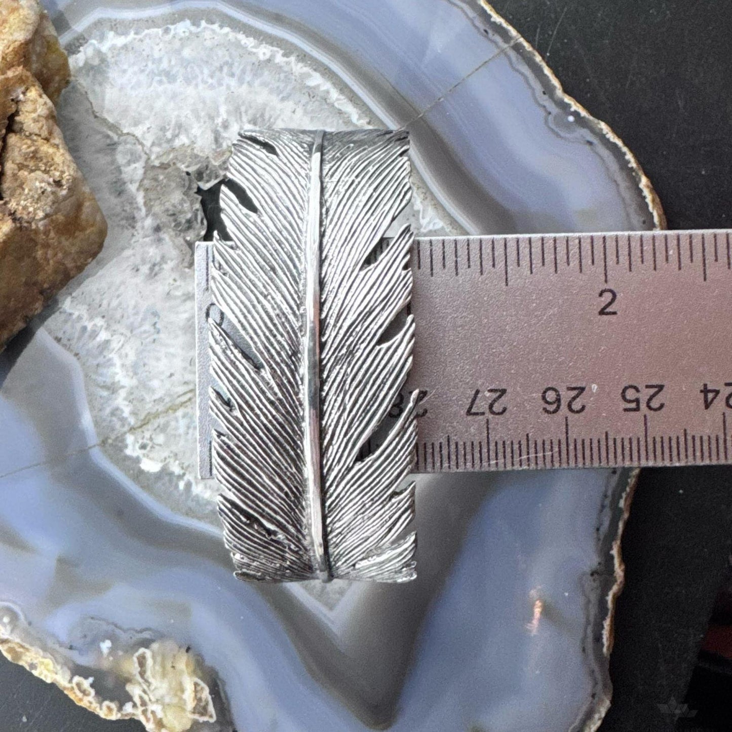 Sterling Silver Southwestern Style Wide Feather Decorated Bracelet For Women