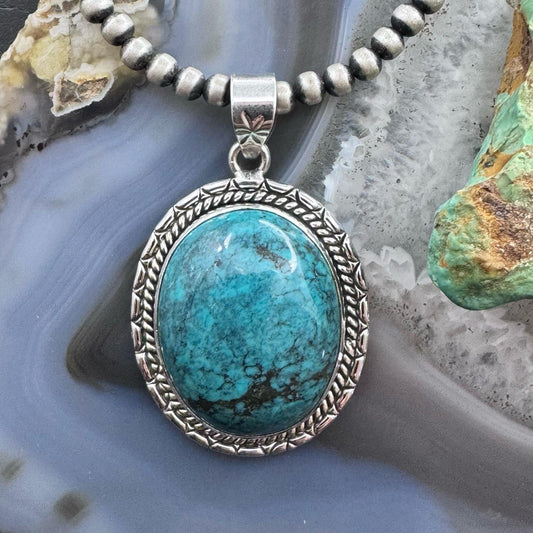 Sterling Silver Southwestern Style Oval Turquoise Decorated Pendant For Women