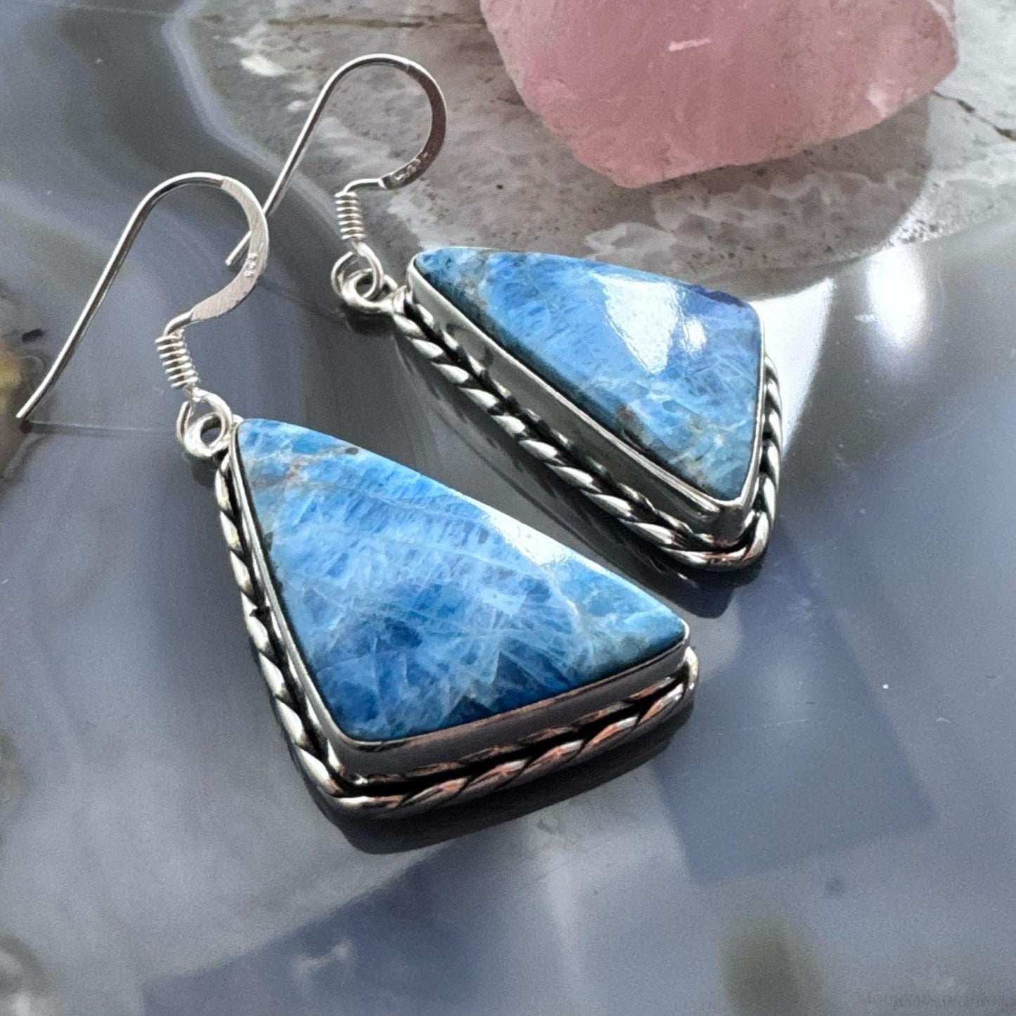 Sterling Silver Southwestern Style Triangle Blue Apatite Dangle Earrings For Women #1