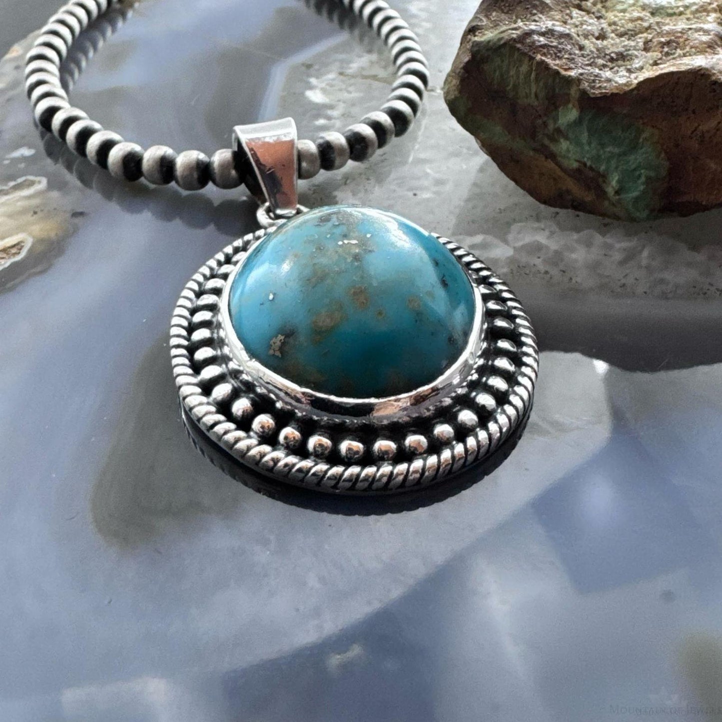 Sterling Silver Southwestern Style Round Tibetan Turquoise Decorated Pendant For Women