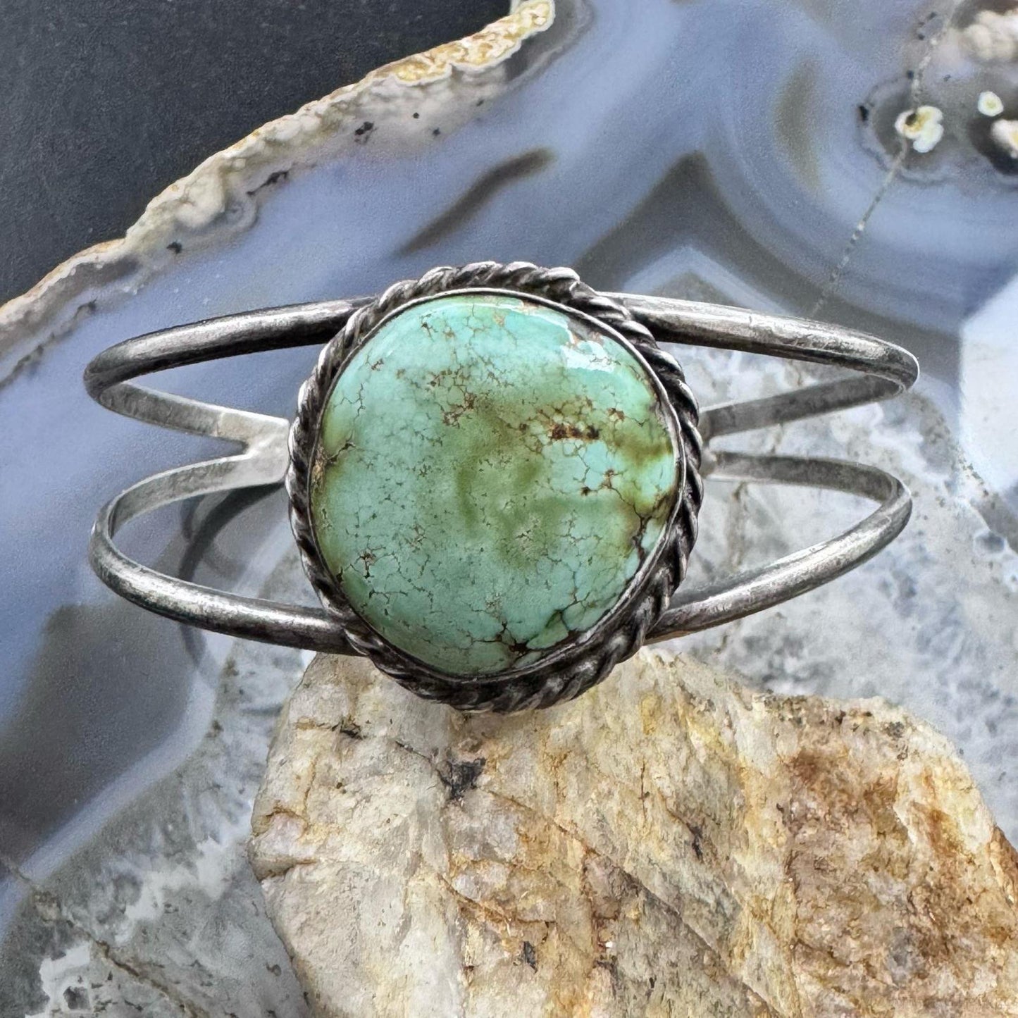 Vintage Native American Sterling Silver Rounded Turquoise Split Shank Bracelet For Women