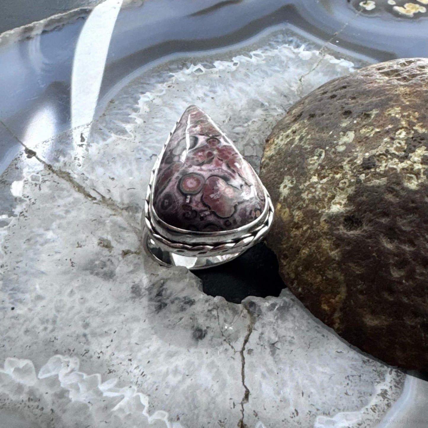 Sterling Silver Southwestern Style Teardrop Leopard Skin Jasper Ring Size 8.5 For Women