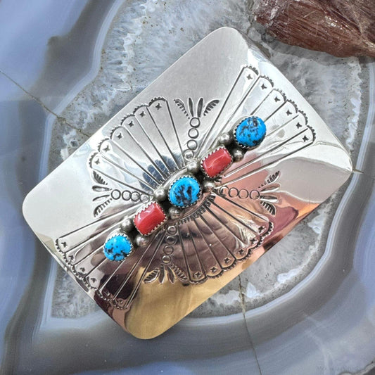 Joann Begay Native American Sterling Silver Turquoise & Coral Stamped Belt Buckle For Men