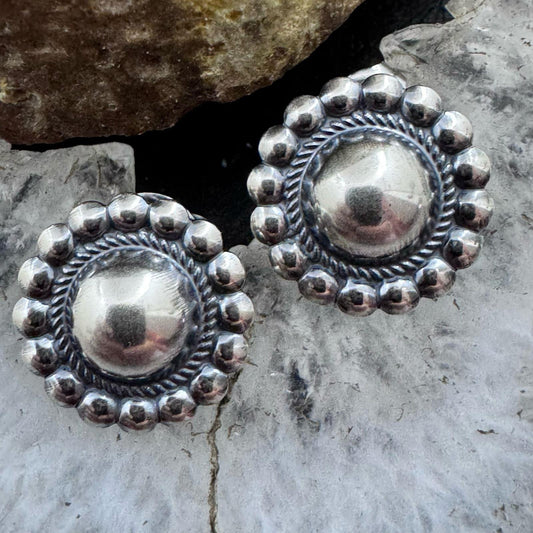 Native American Sterling Silver Stamped Rounded Concho Repousse Post Earrings