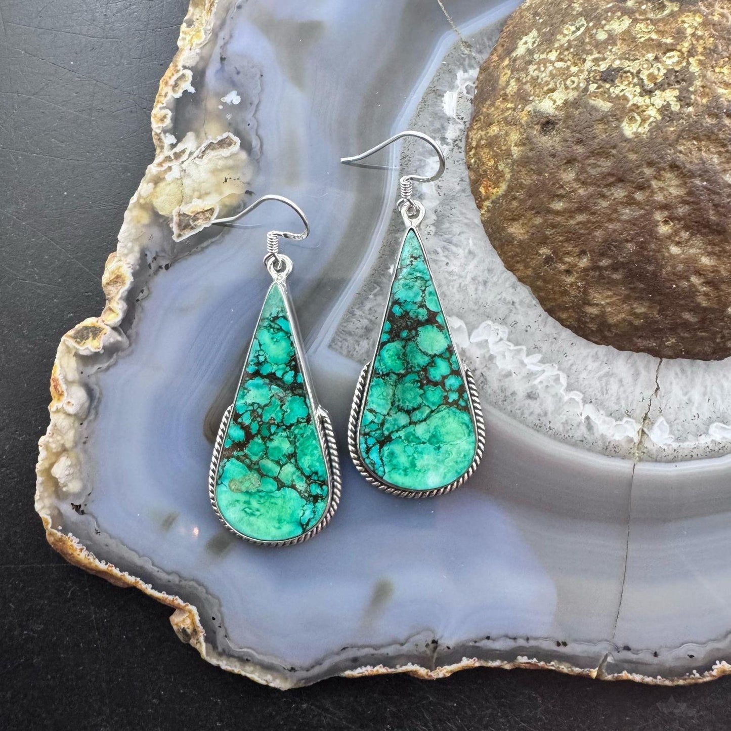 Sterling Silver Southwestern Style Teardrop Turquoise Dangle Earrings For Women