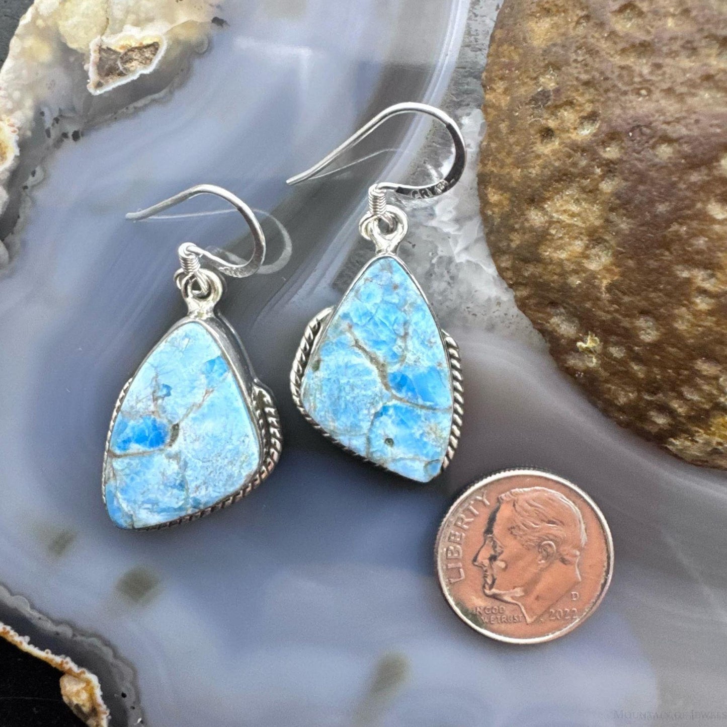 Sterling Silver Southwestern Style Blue Apatite Decorated Dangle Earrings For Women