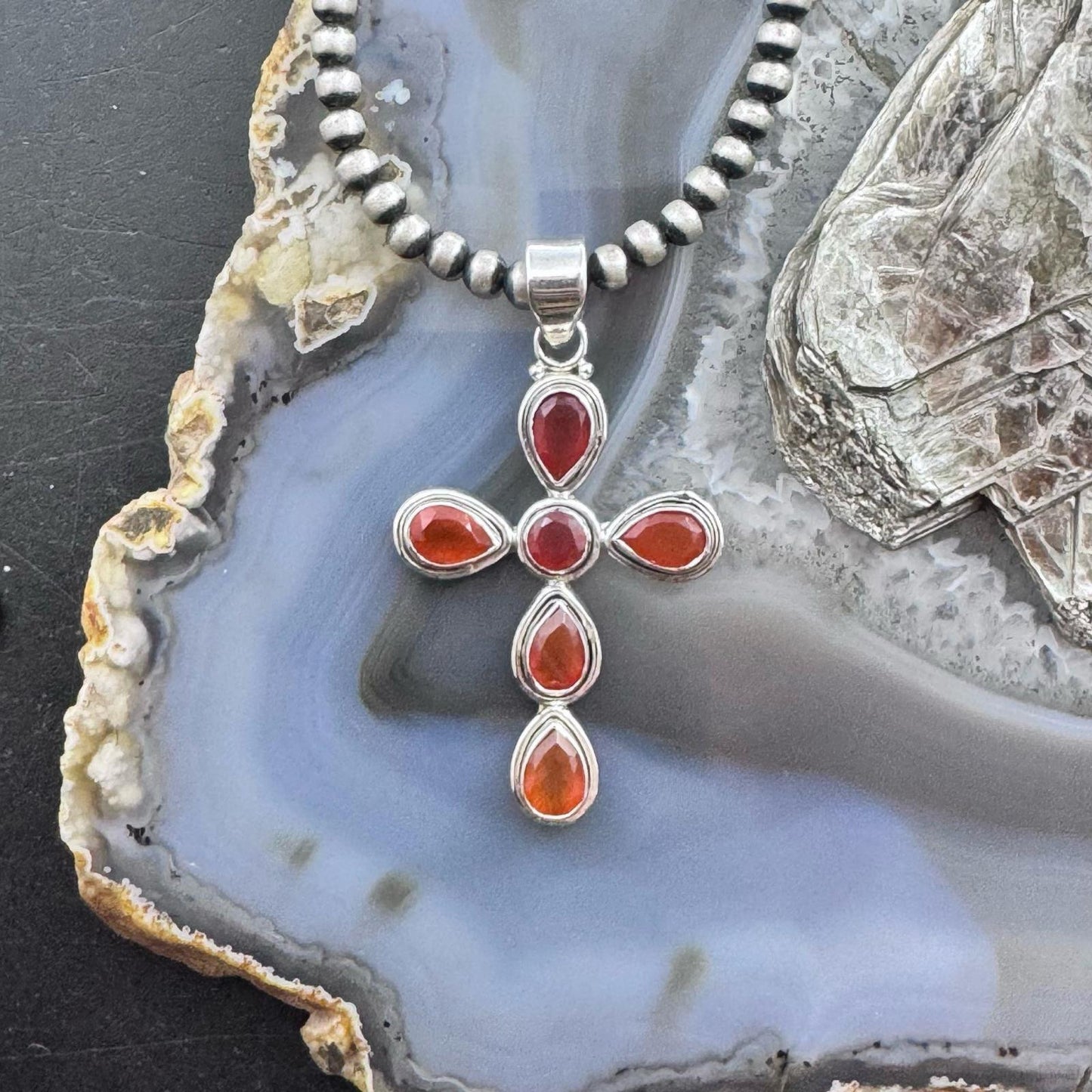 Sterling Silver Southwestern Style Carnelian Decorated Cross Pendant For Women