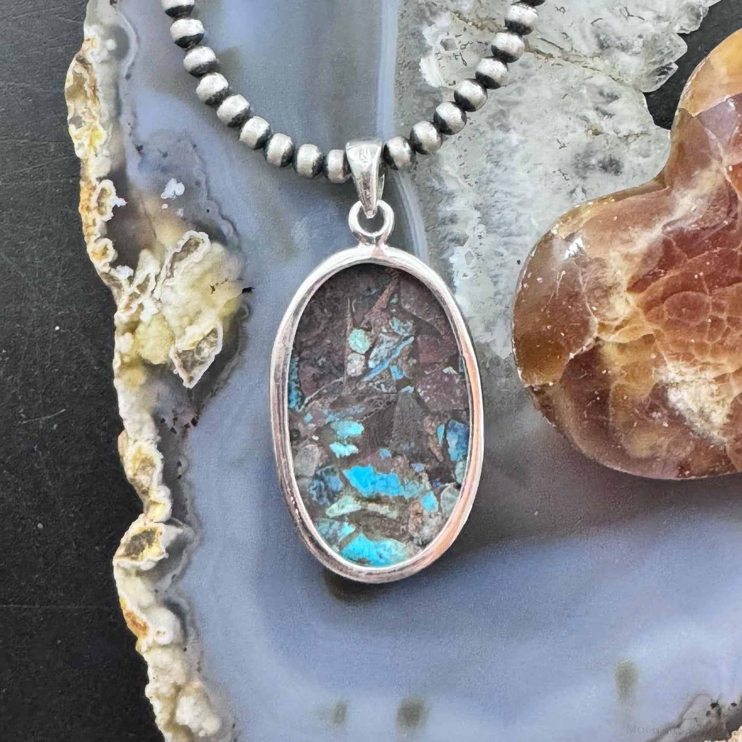 Sterling Silver Southwestern Style Large Oval Copper Turquoise Pendant For Women