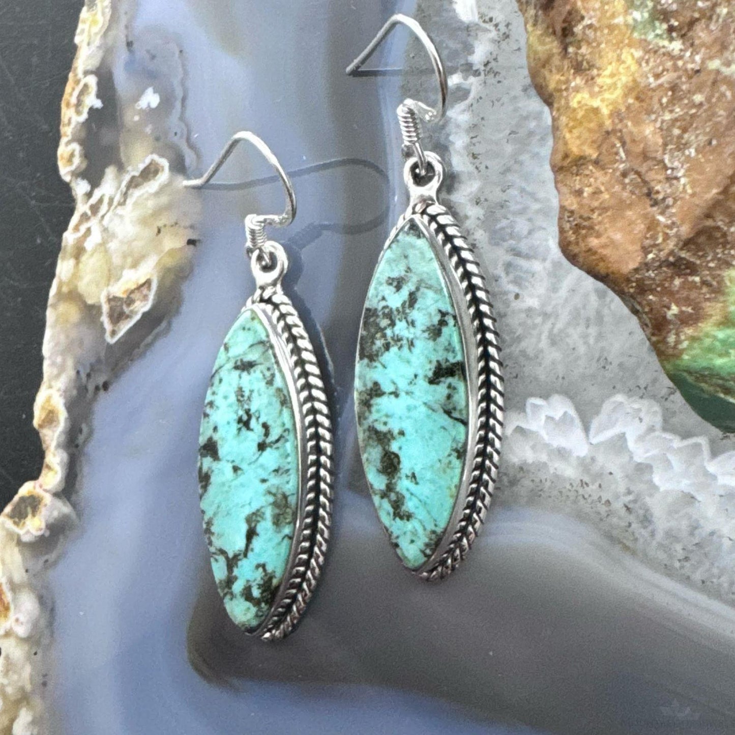 Sterling Silver Southwestern Style Marquise African Turquoise Dangle Earrings For Women