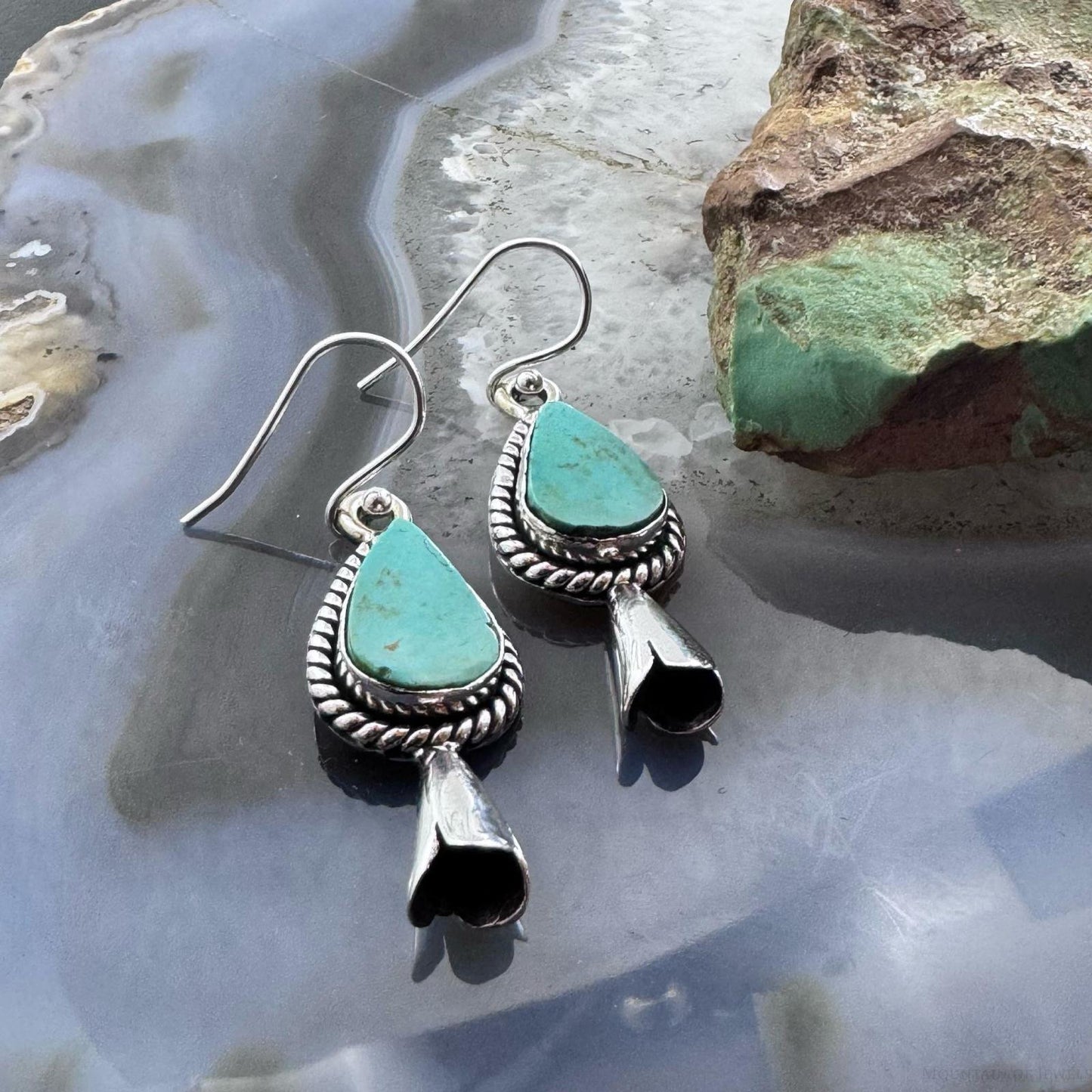 Sterling Silver Southwestern Style Teardrop Turquoise Squash Blossom Dangle Earrings For Women