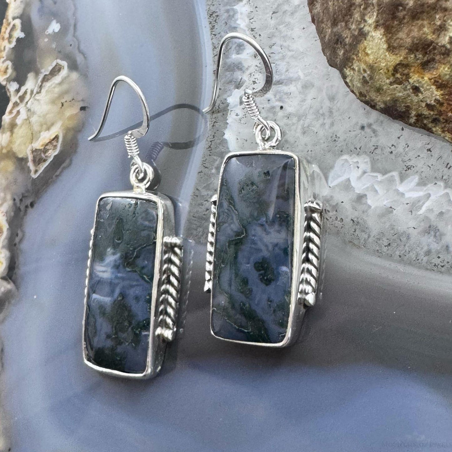 Sterling Silver Southwestern Style Rectangle Moss Agate Dangle Earrings For Women