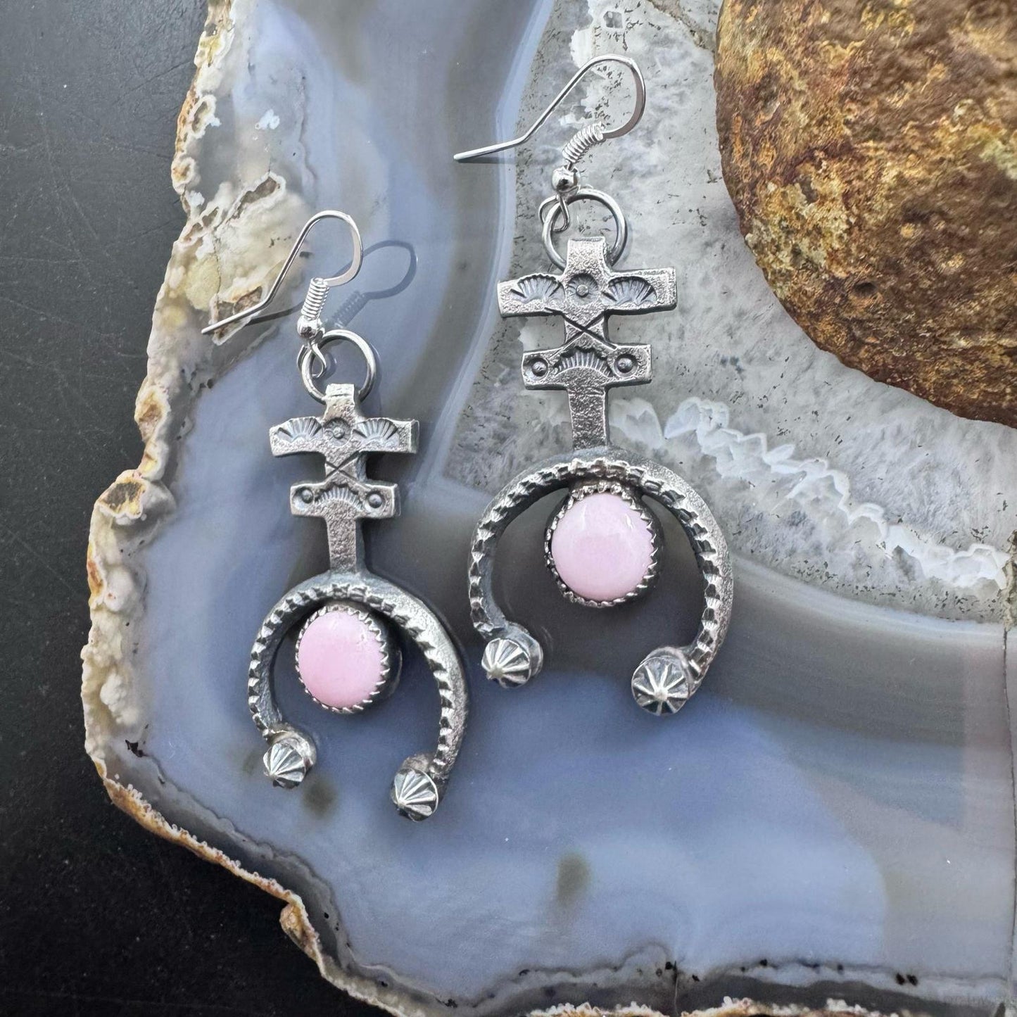 Eva & Linberg Billah Sterling Silver Sandcast Pink Conch Cross Dangle Earrings For Women