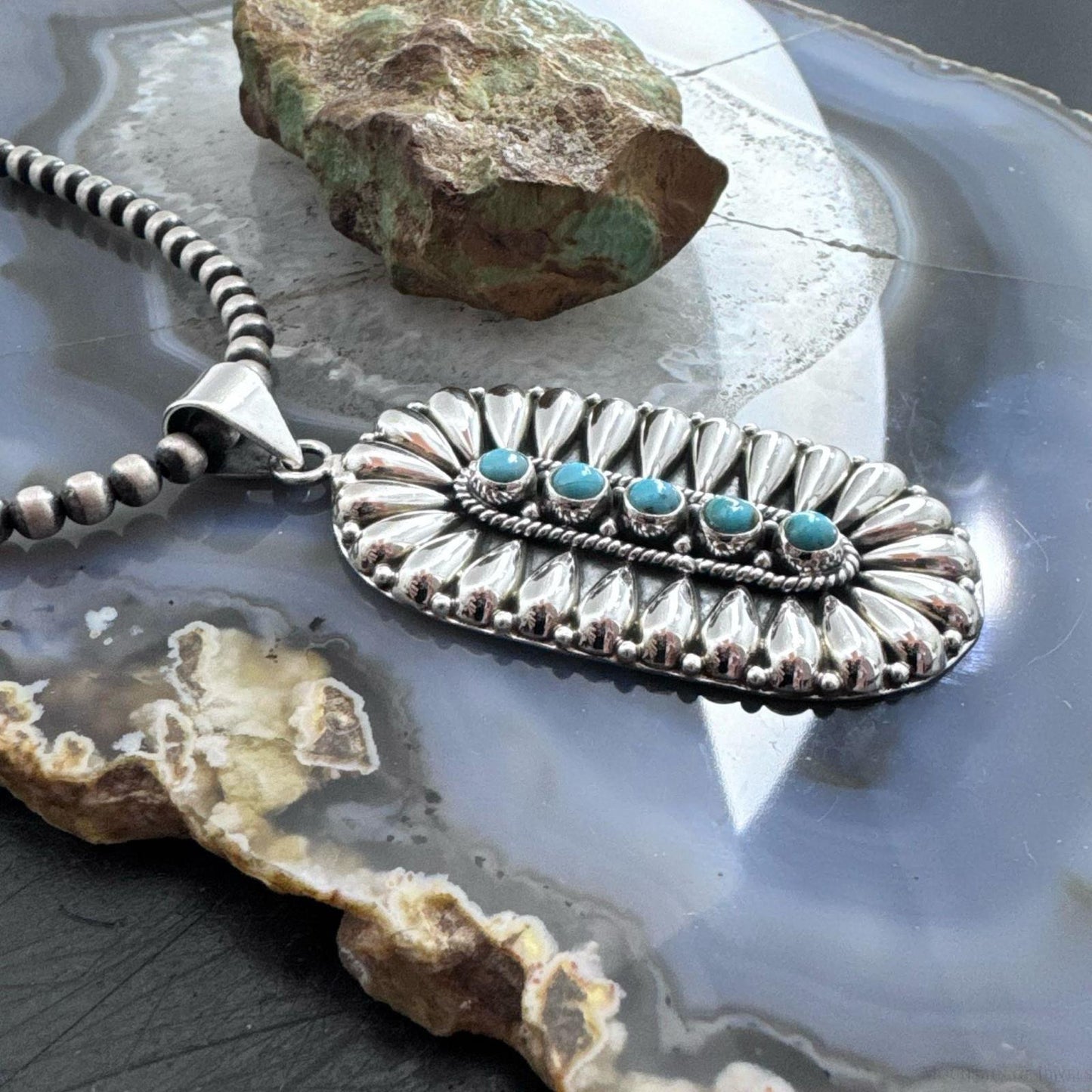 Sterling Silver Southwestern Style Turquoise & Silver Teardrop Cluster Pendant For Women