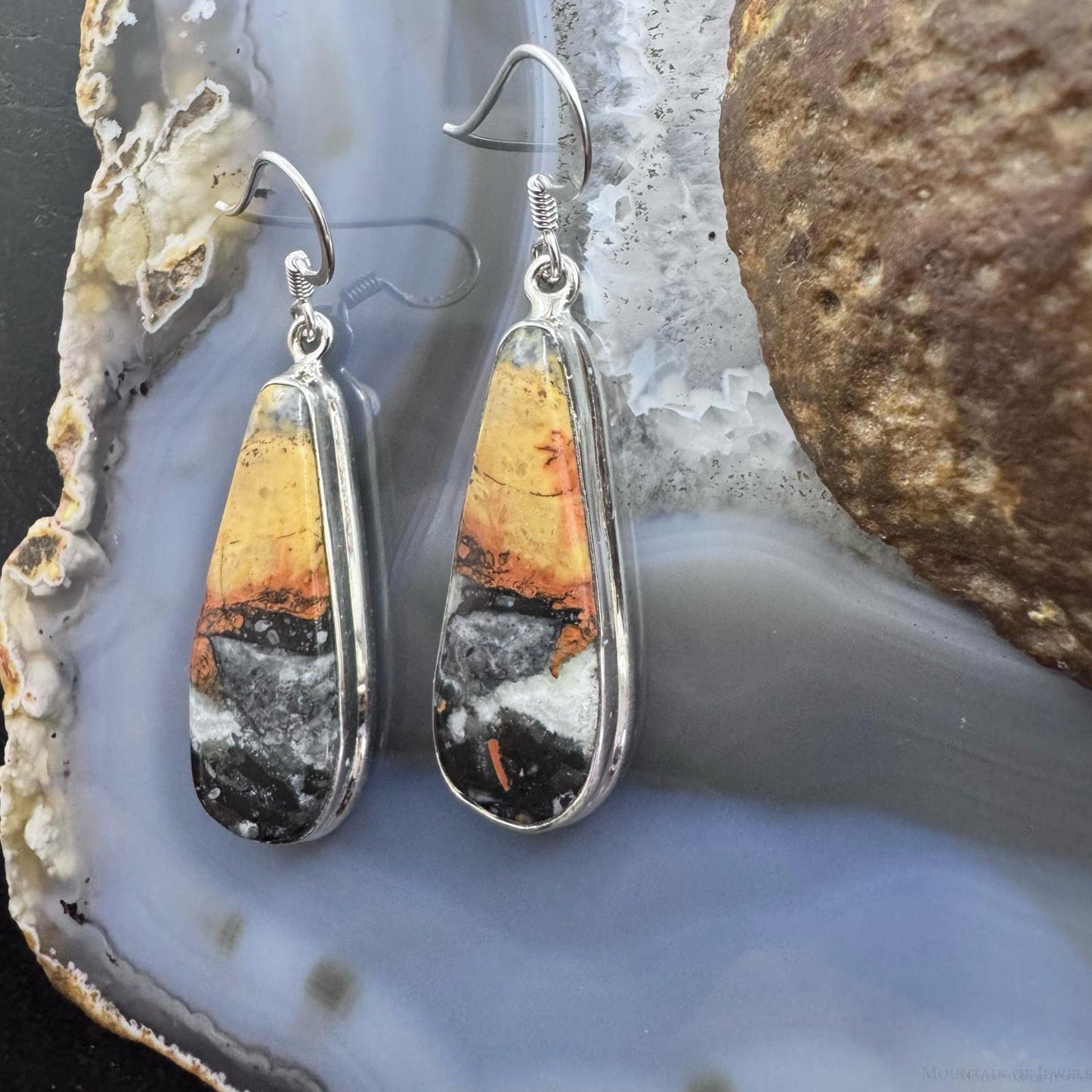 Sterling Silver Southwestern Style Teardrop Maligano Jasper Dangle Earrings For Women