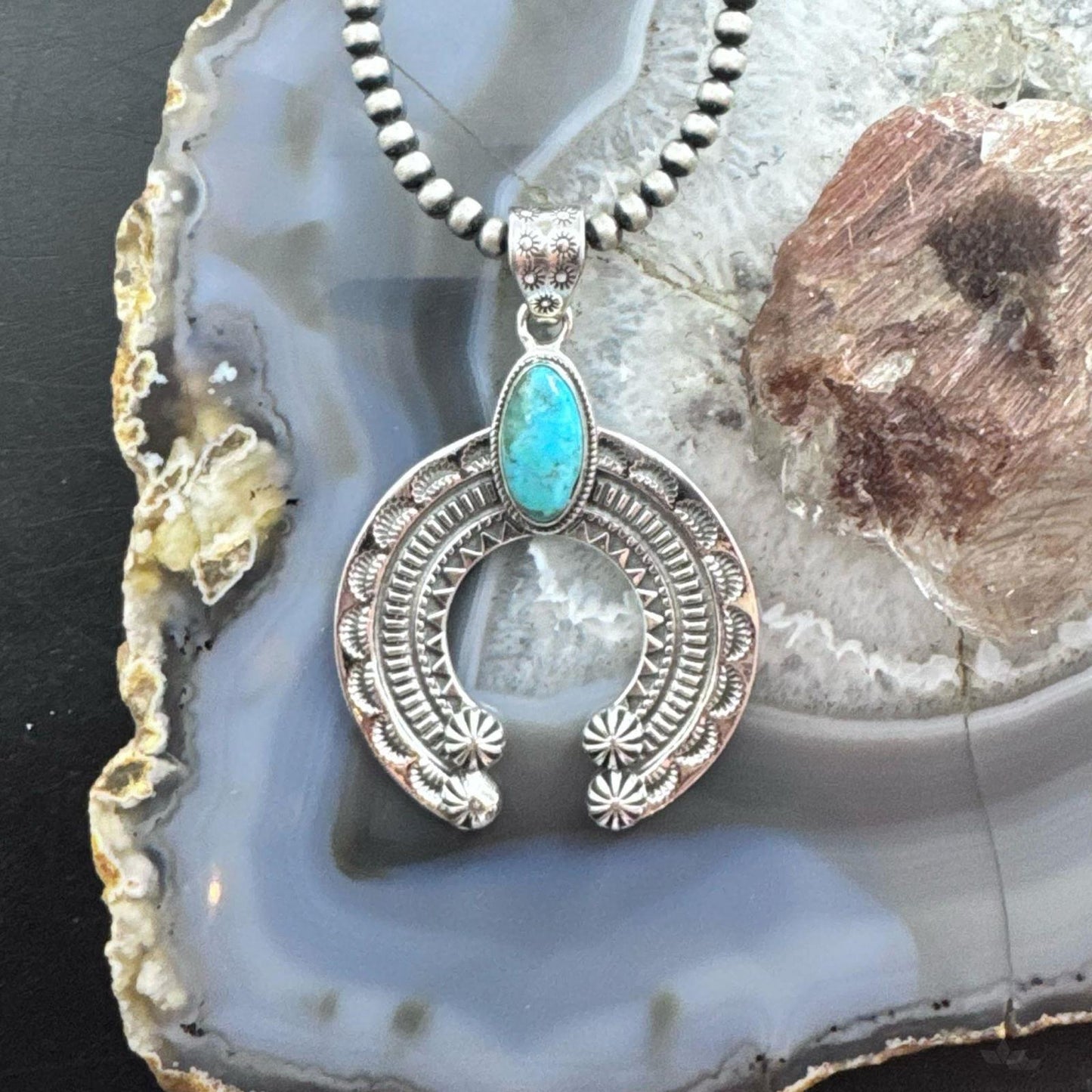 Sterling Silver Southwestern Style Oval Turquoise Stamped Naja Unisex Pendant