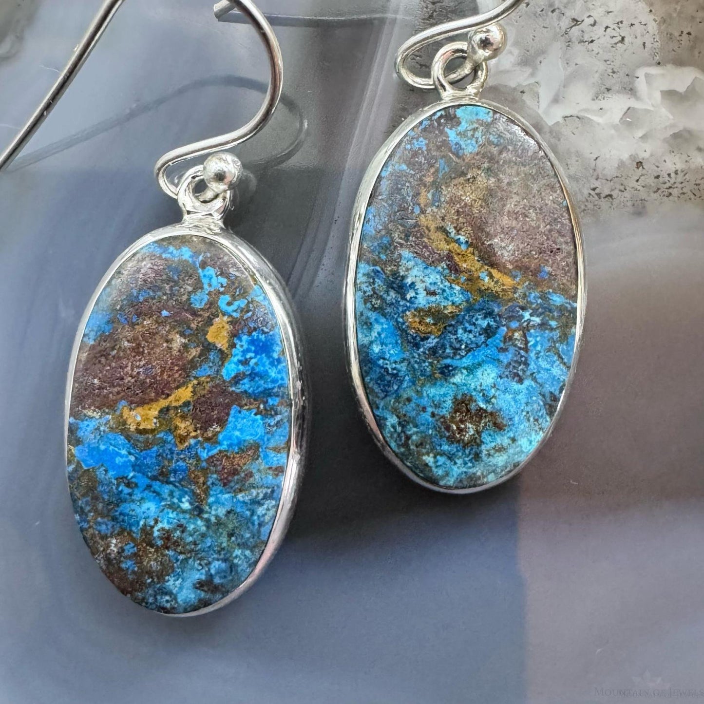 Sterling Silver Southwestern Style Oval Chrysocolla Dangle Earrings For Women