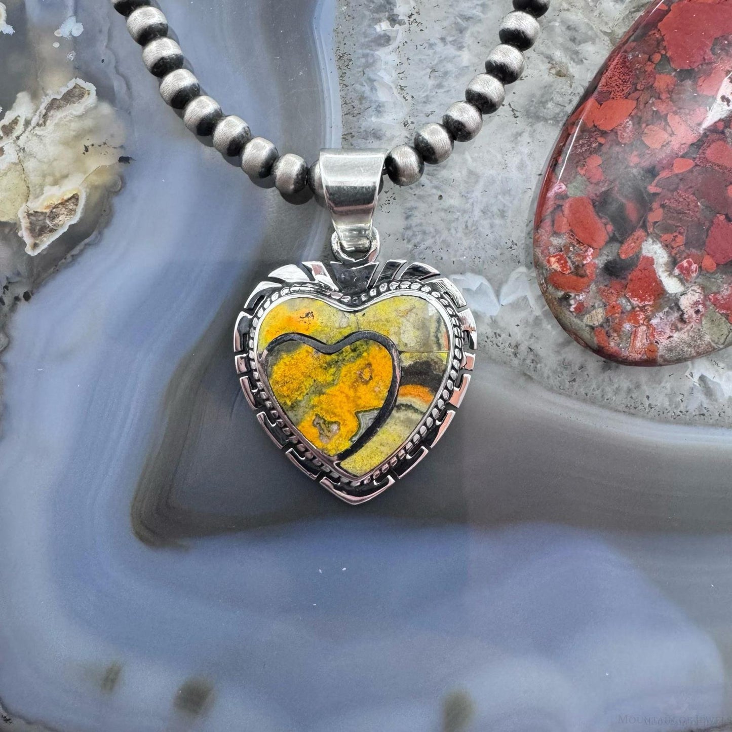 Native American Sterling Silver Bumblebee Jasper Decorated Double Heart Pendant For Women