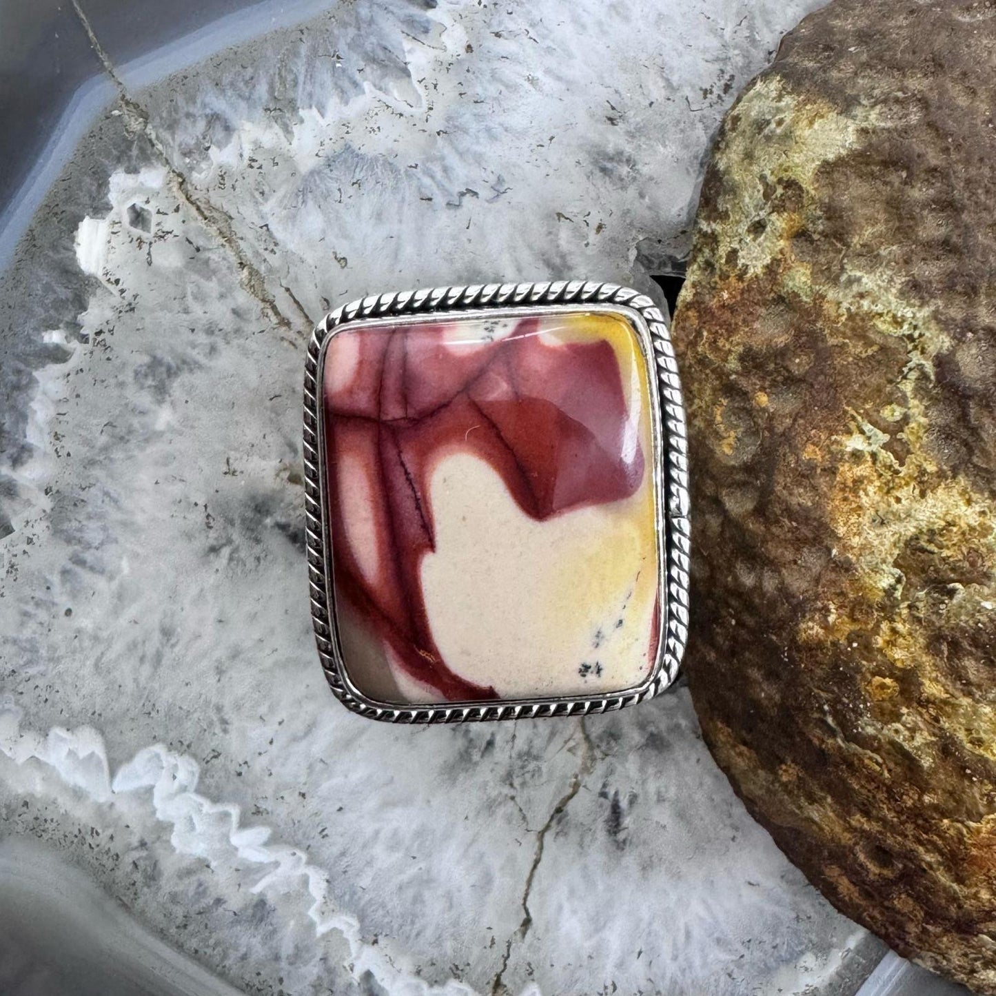 Sterling Silver Southwestern Style Mookaite Jasper Decorated Bar Ring Size 7.75 For Women