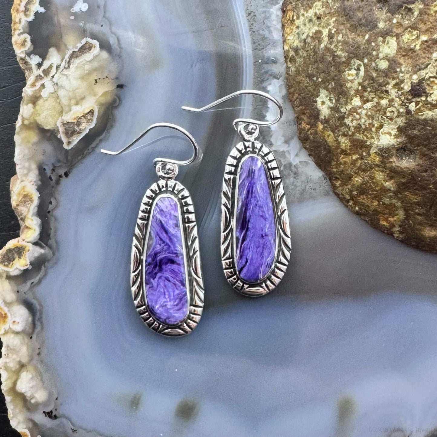 Native American Sterling Silver Charoite Decorated Dangle Earrings For Women