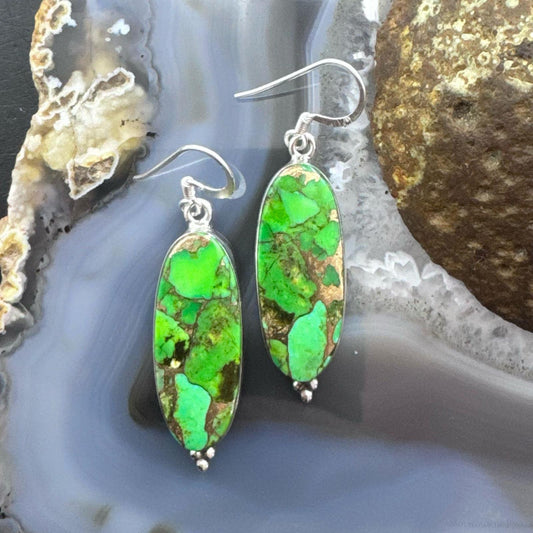 Sterling Silver Southwestern Style Elongated Oval Green Copper Turquoise Dangle Earrings For Women