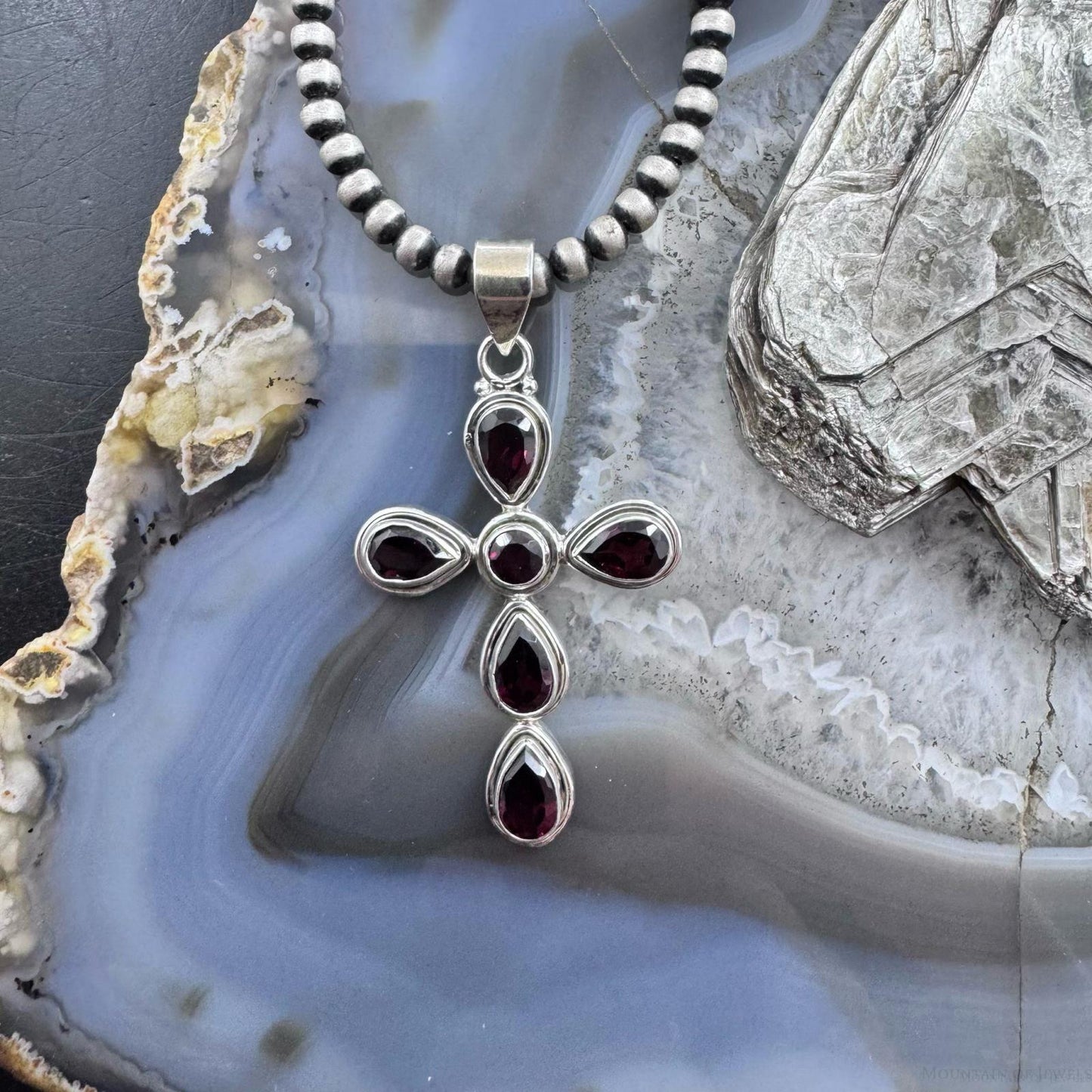 Sterling Silver Southwestern Style Garnet Decorated Cross Pendant For Women