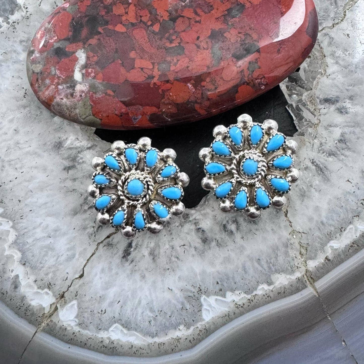 Native American Sterling Silver Turquoise Cluster Stud Earrings For Women