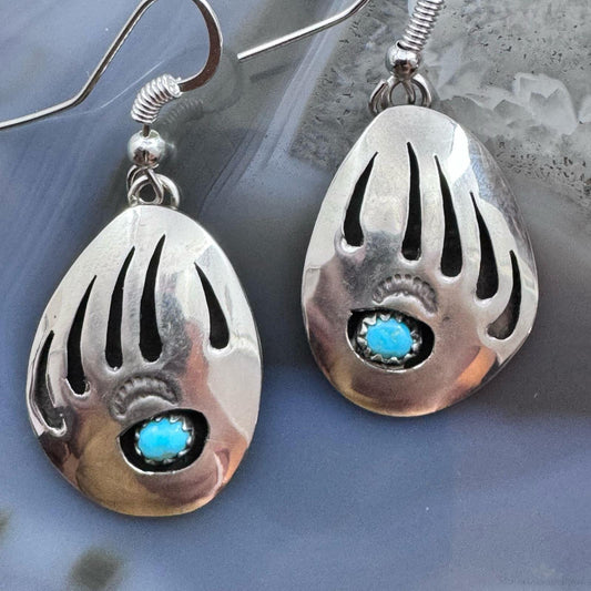 Native American Sterling Silver Bear Claw w/Turquoise Dangle Earrings For Women