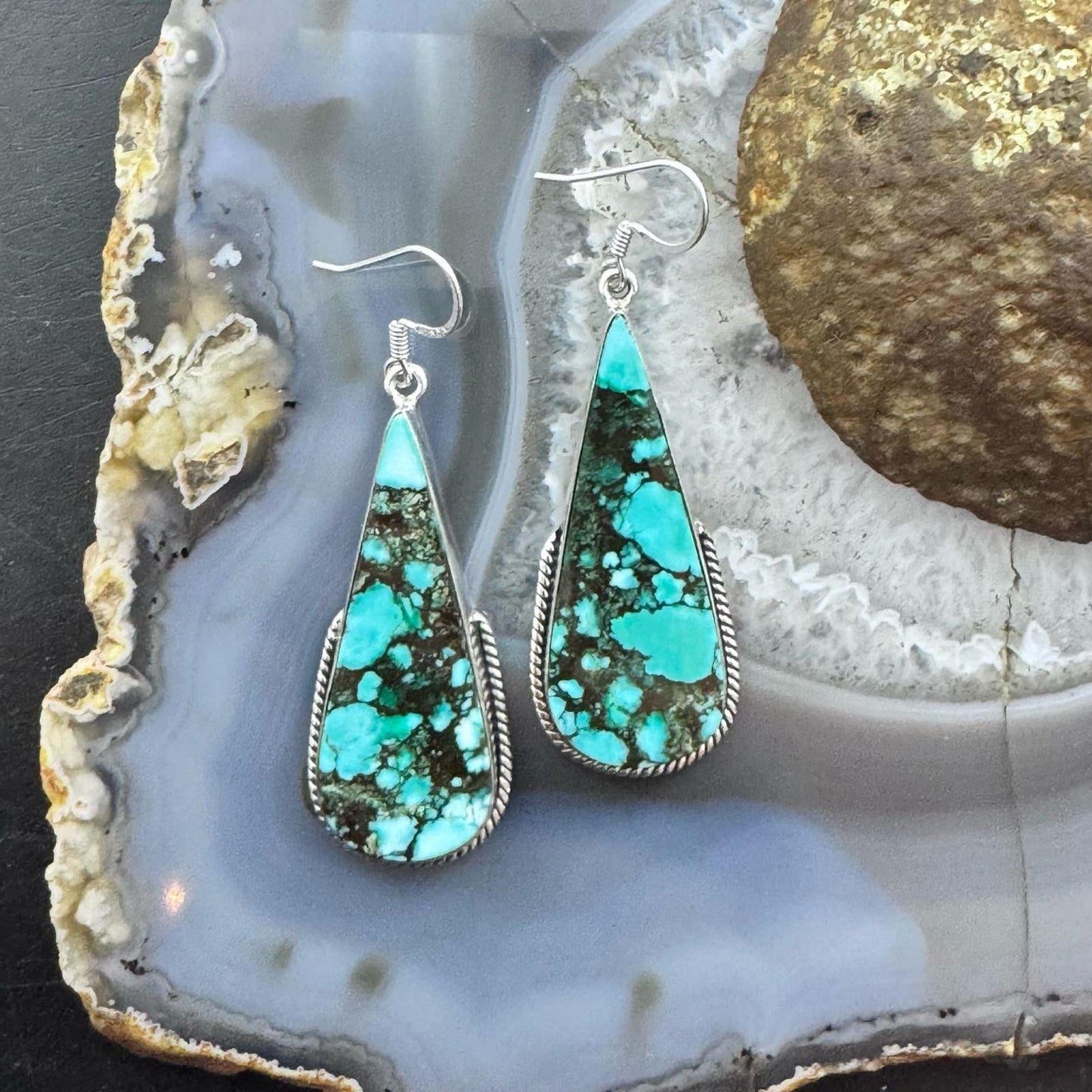 Sterling Silver Southwestern Style Elongated Teardrop Green Turquoise Dangle Earrings For Women