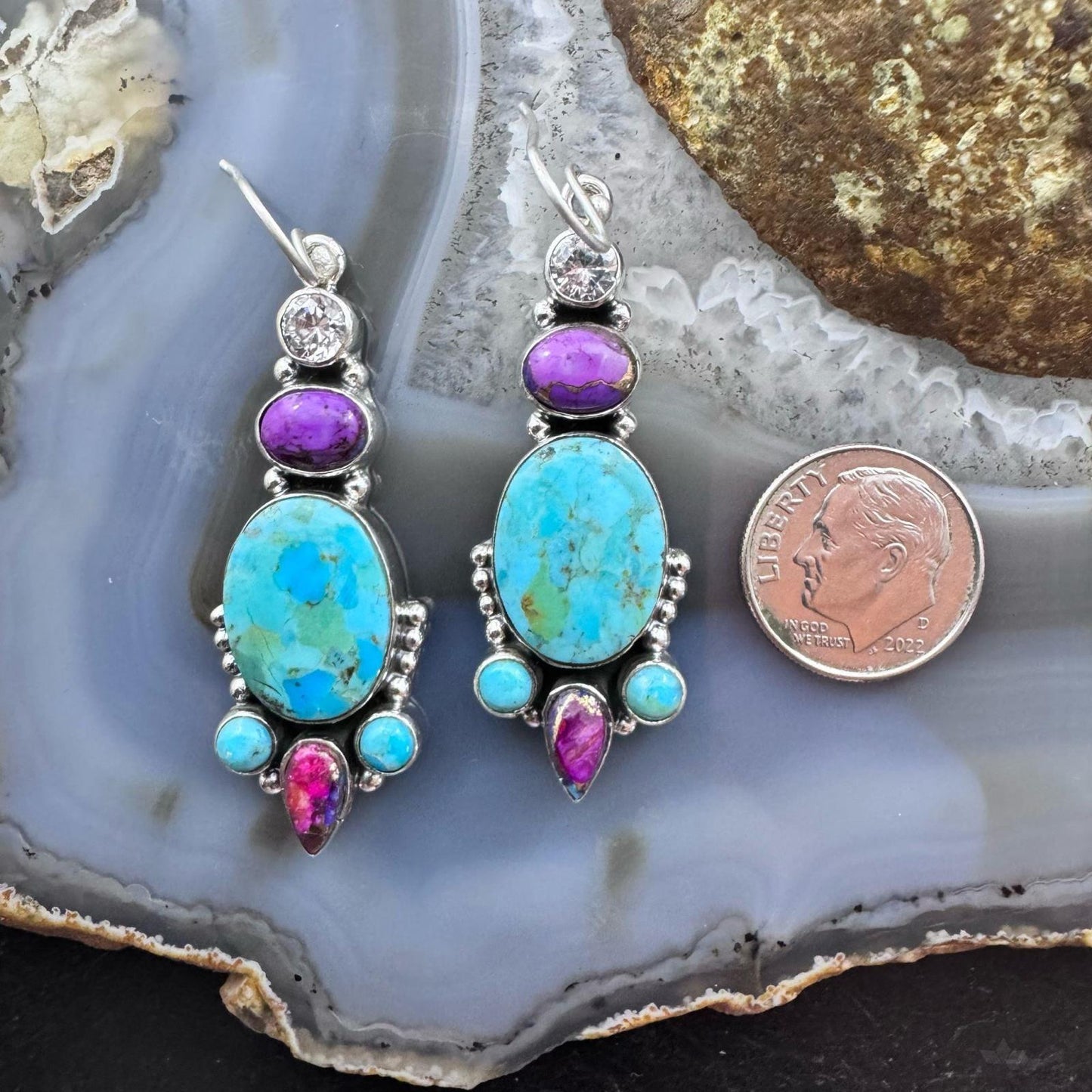 Sterling Silver Southwestern Style Turquoise,Purple Dahlia & CZ Dangle Earrings for Women