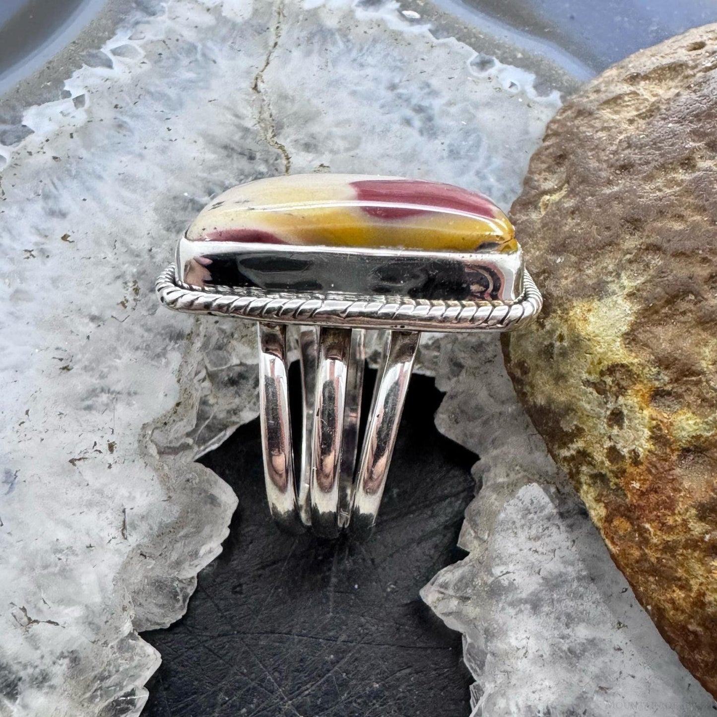 Sterling Silver Southwestern Style Mookaite Jasper Decorated Bar Ring Size 7.75 For Women