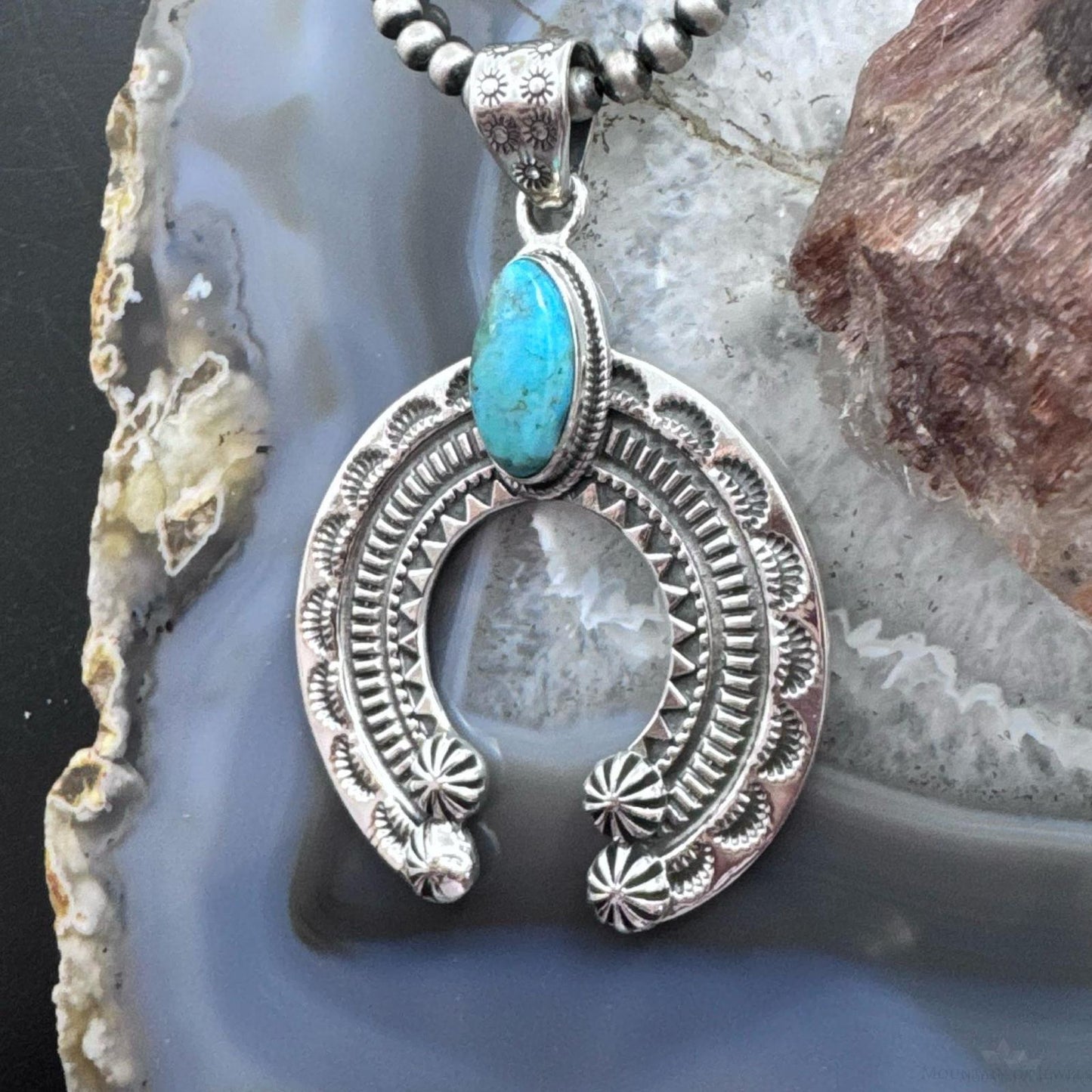 Sterling Silver Southwestern Style Oval Turquoise Stamped Naja Unisex Pendant