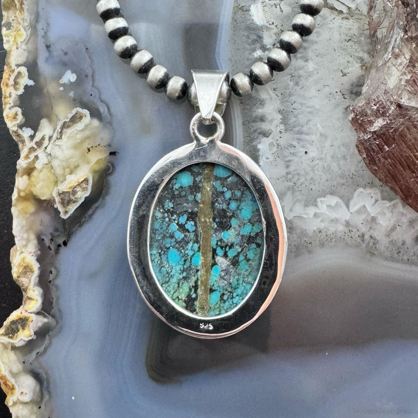 Sterling Silver Southwestern Style Matrixed LG Oval Green Turquoise Pendant For Women