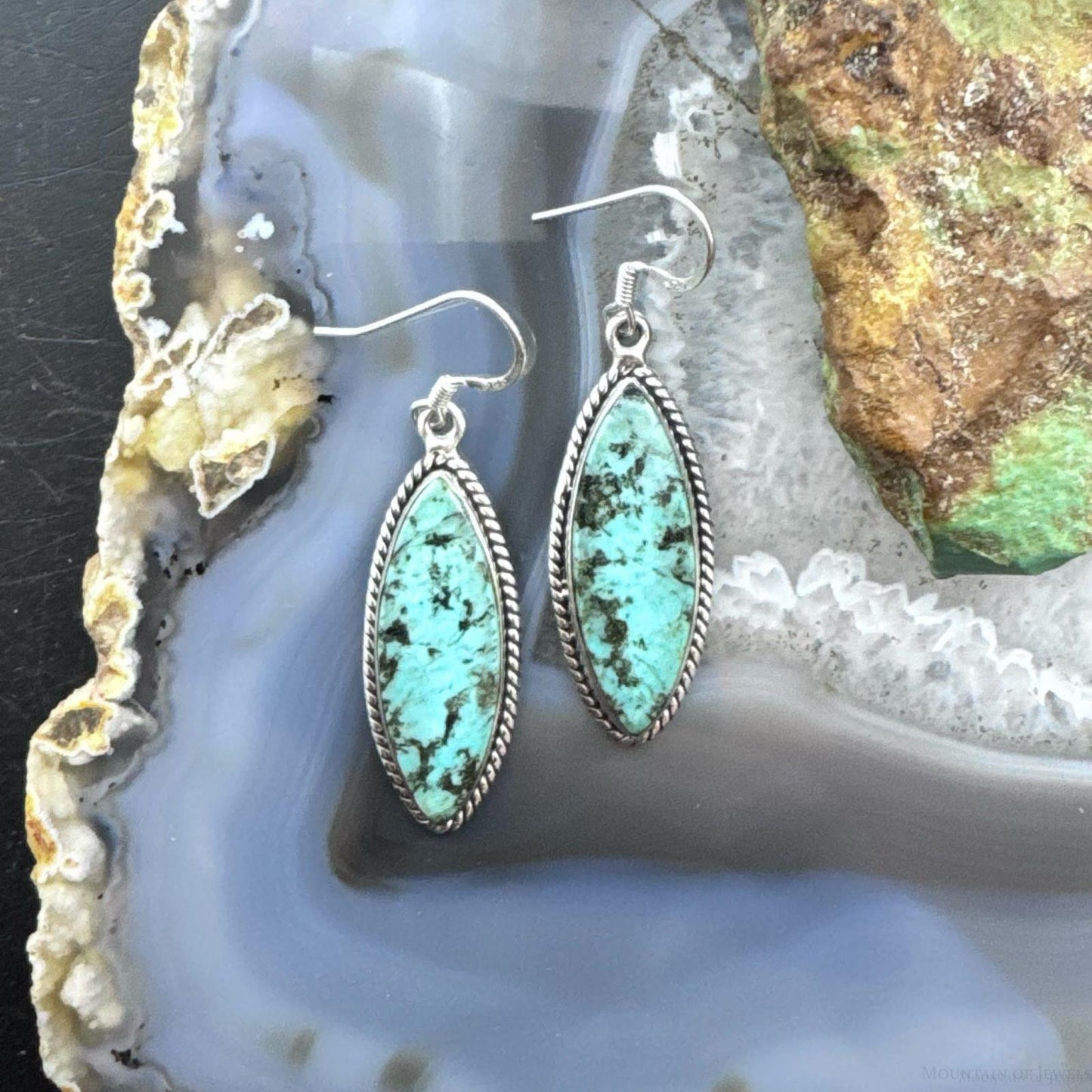 Sterling Silver Southwestern Style Marquise African Turquoise Dangle Earrings For Women