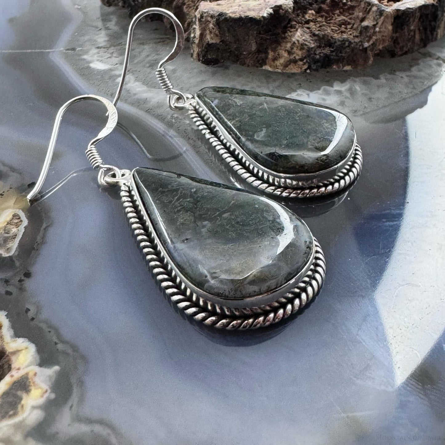 Sterling Silver Southwestern Style Teardrop Moss Agate Dangle Earrings For Women