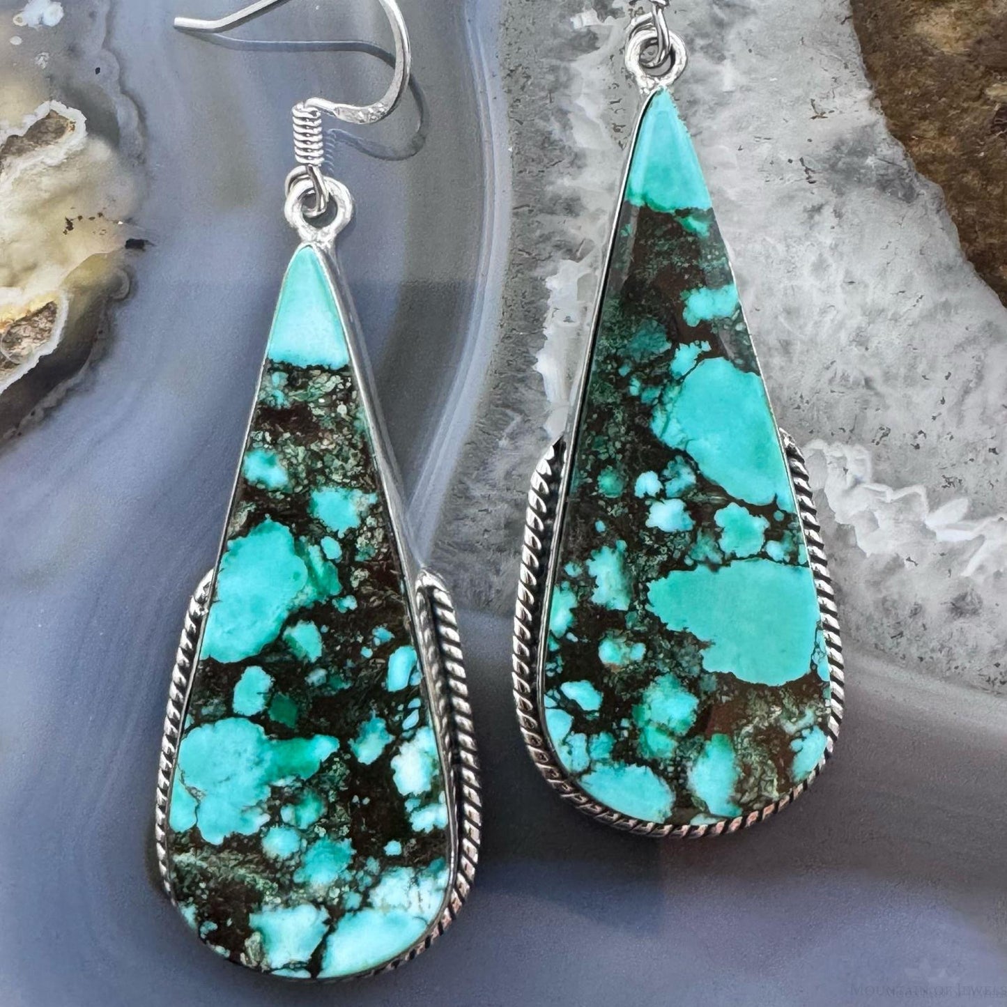 Sterling Silver Southwestern Style Elongated Teardrop Green Turquoise Dangle Earrings For Women