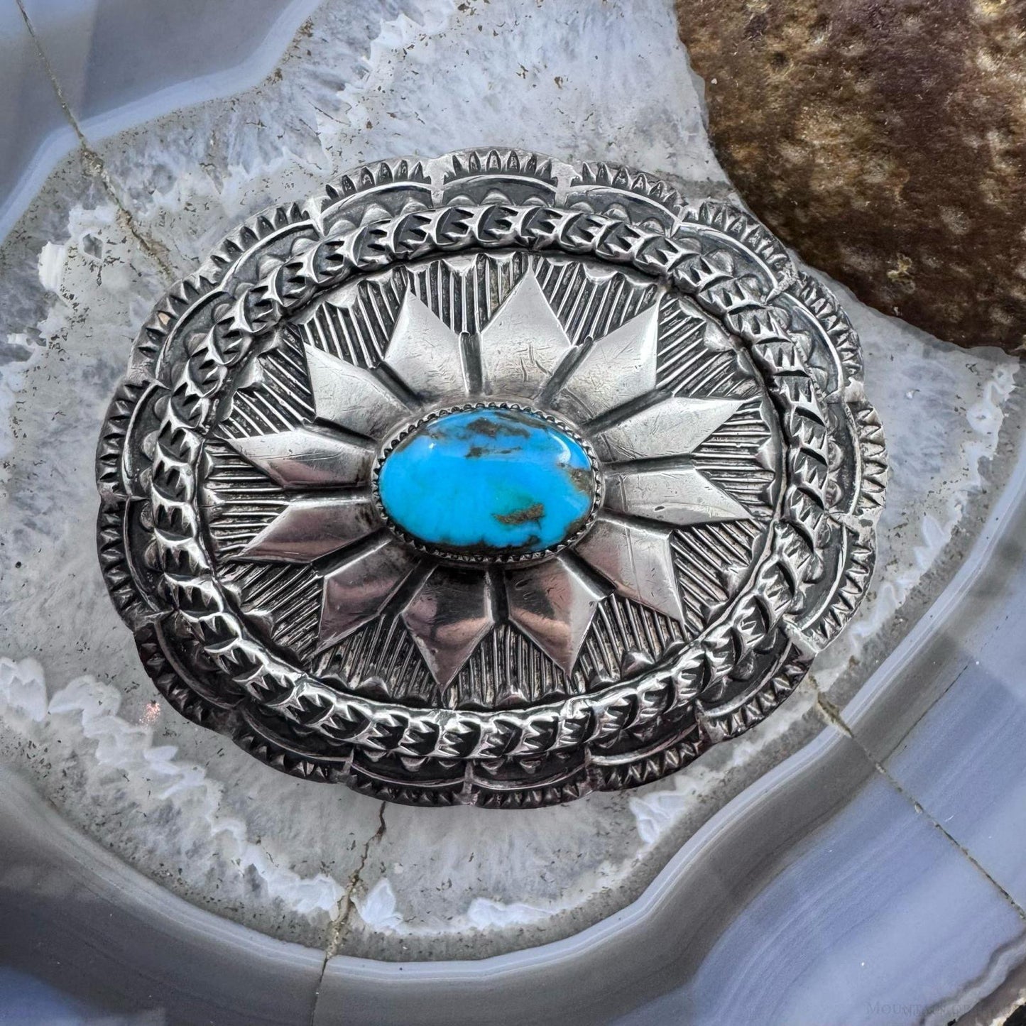 Vintage Native American Sterling Silver Turquoise Stamped Oval Belt Buckle For Men