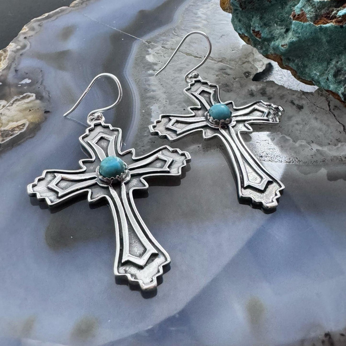 Sterling Silver Southwestern Style Turquoise Cross Dangle Earrings For Women