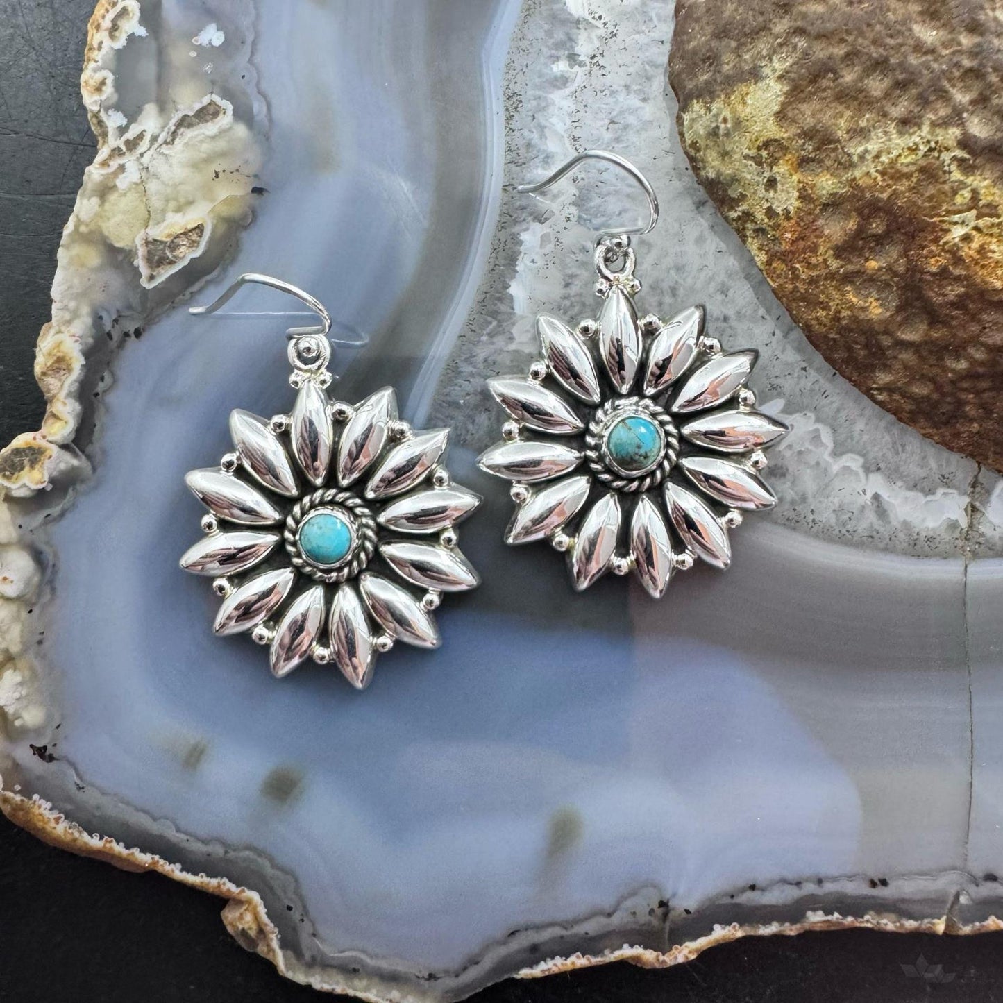 Sterling Silver Southwestern Style Turquoise Floral Dangle Earrings For Women