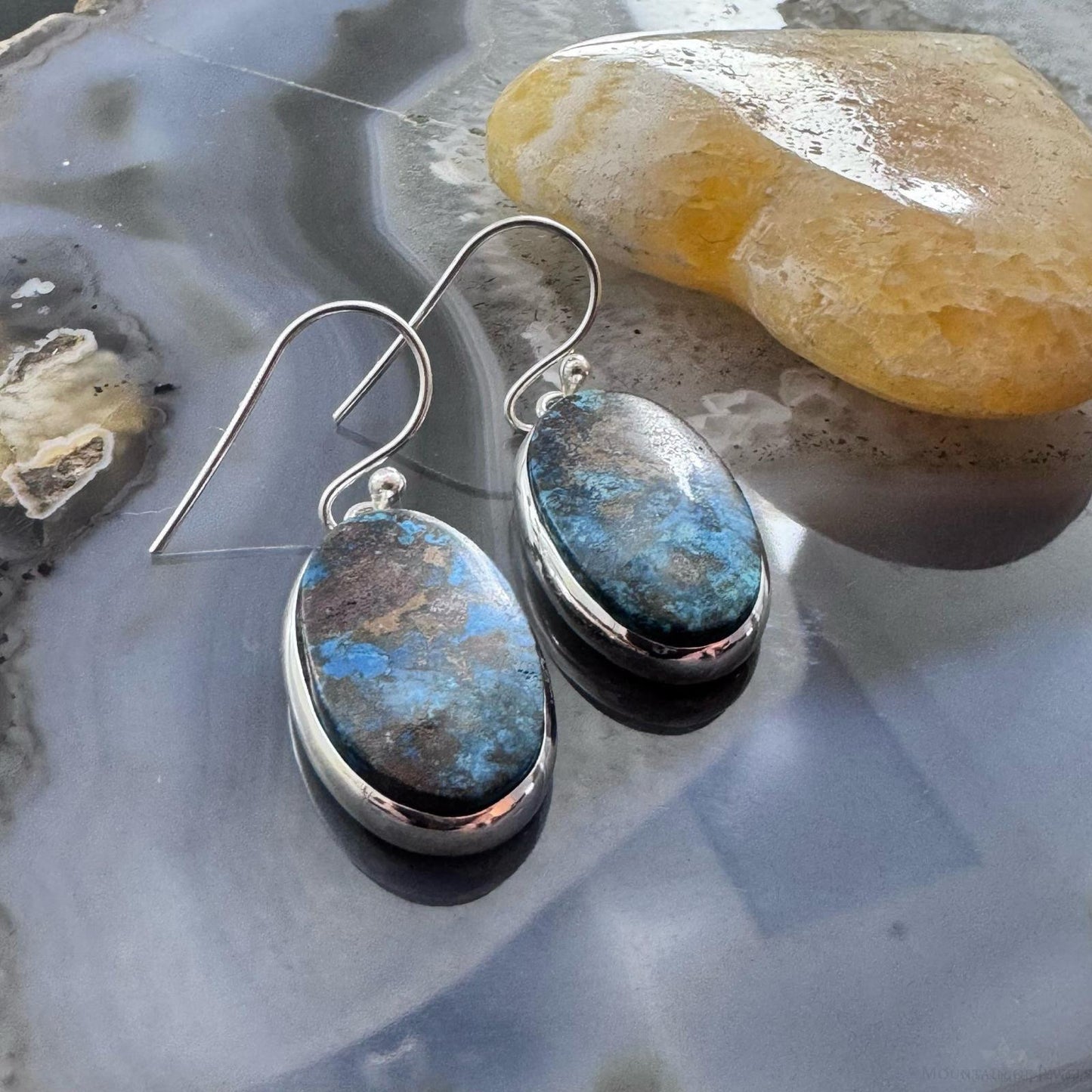 Sterling Silver Southwestern Style Oval Chrysocolla Dangle Earrings For Women