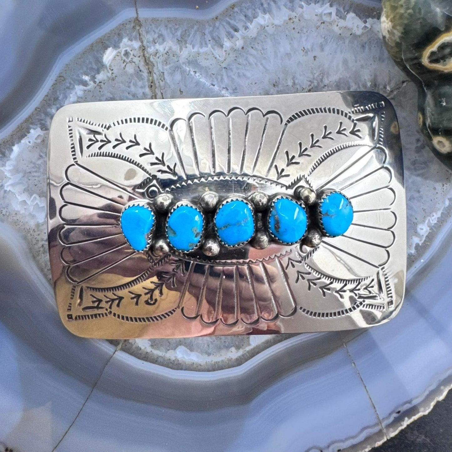 Sterling Silver Native American Turquoise Stamped Belt Buckle For Men