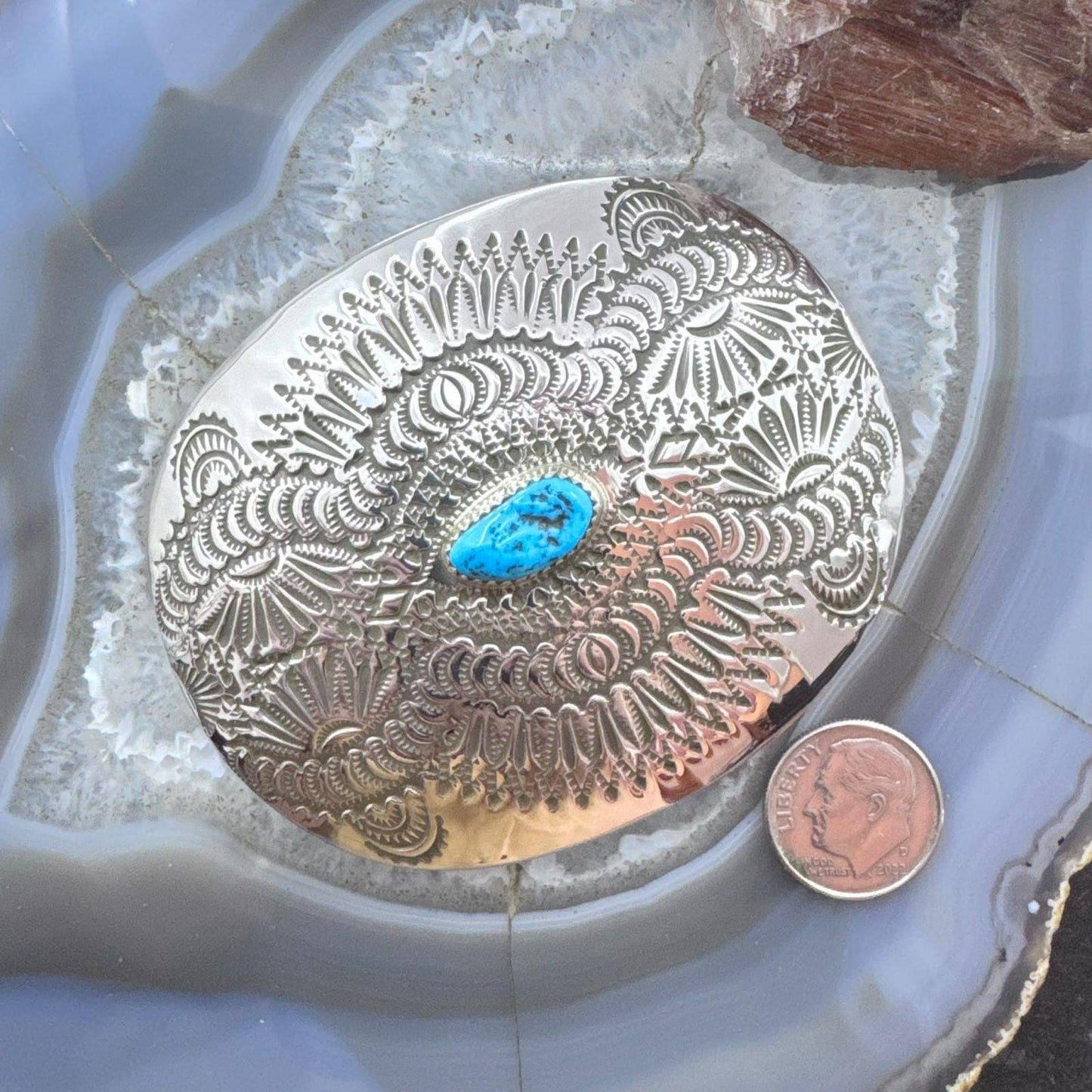 Native American Sterling Silver Turquoise Stamped Oval Belt Buckle For Men