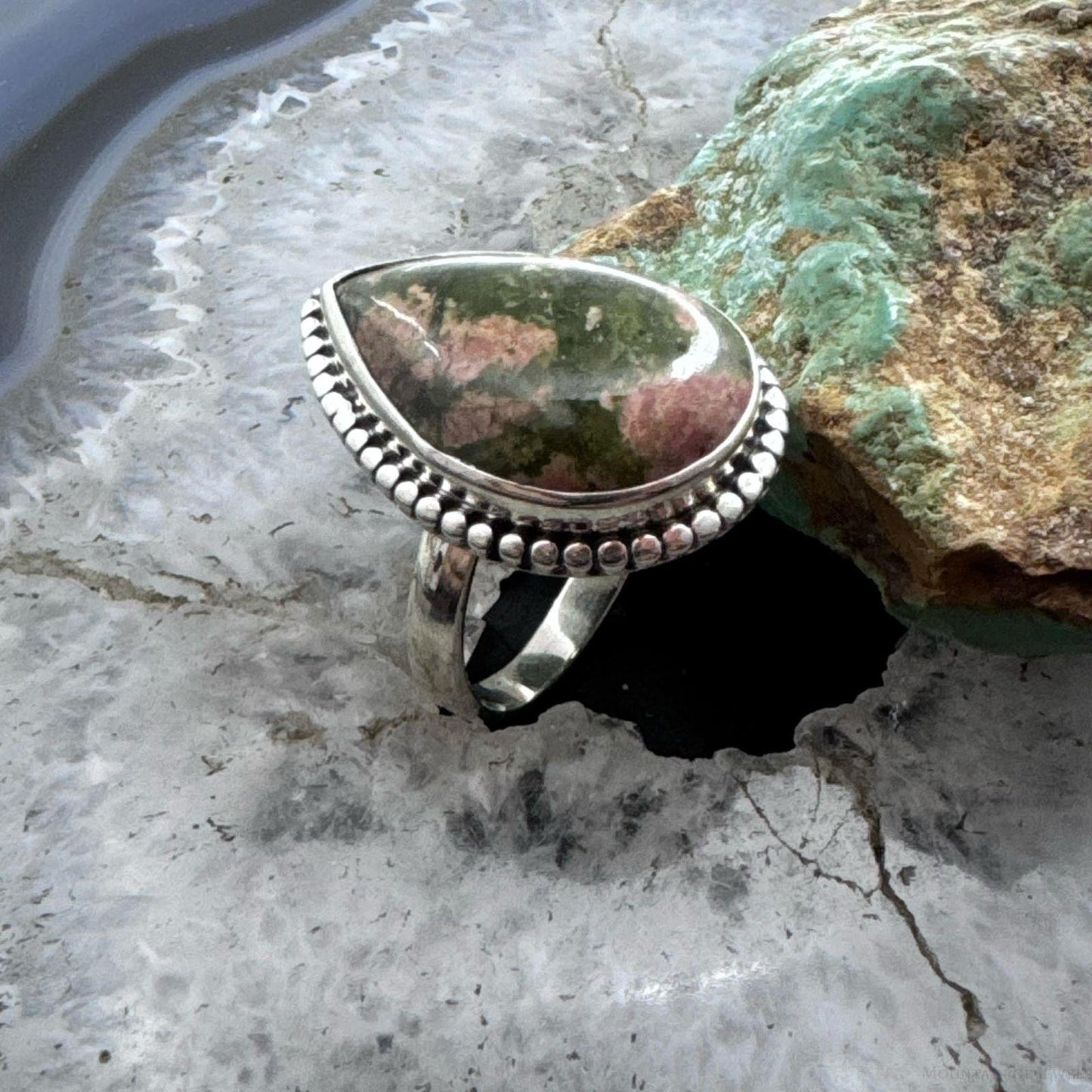 Sterling Silver Southwestern Style Teardrop Unakite Jasper Decorated Ring Size 8 For Women