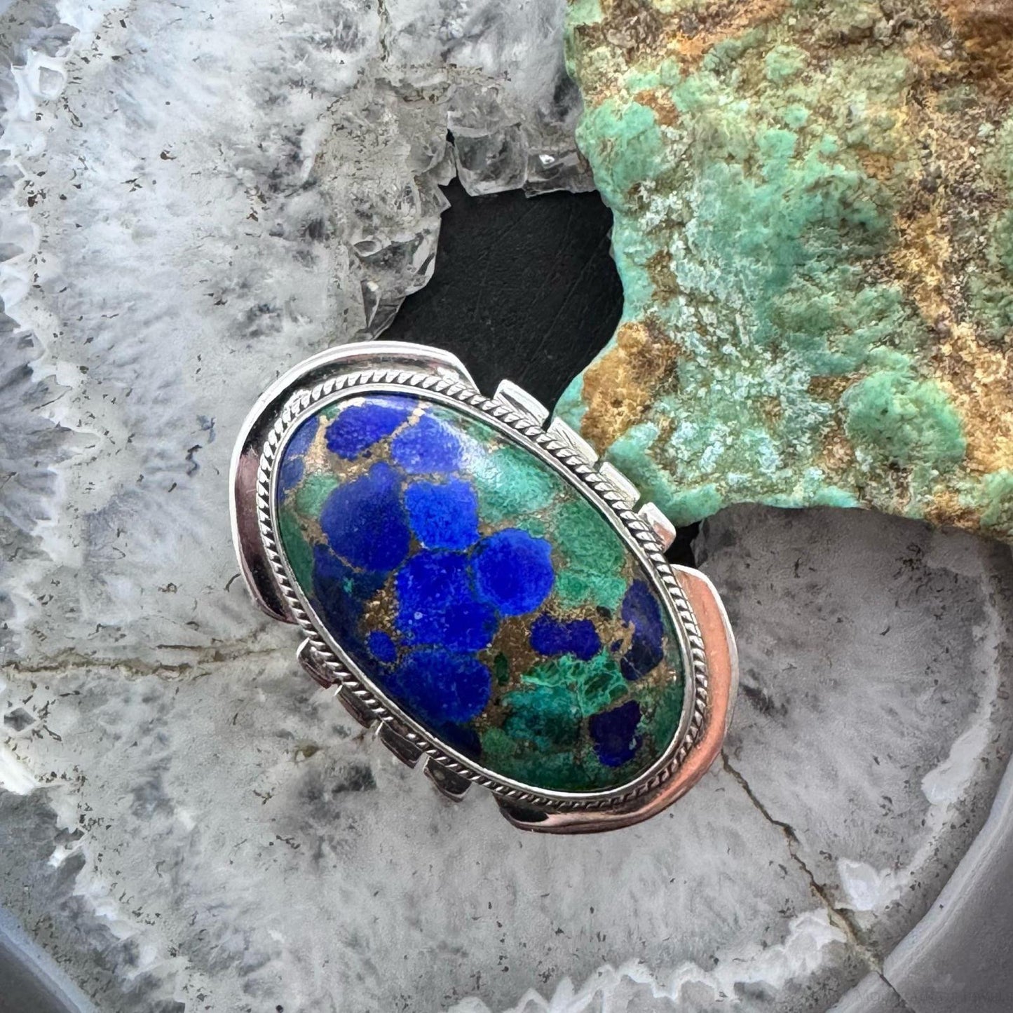 Sterling Silver Southwestern Style Oval Malachite Azurite Ring Size 7 For Women