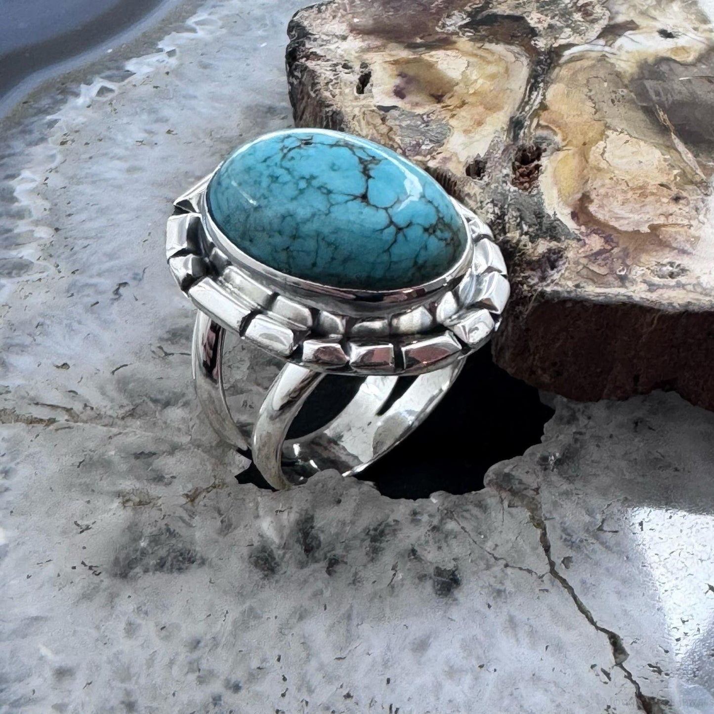 Sterling Silver Southwestern Style Oval Tibetan Turquoise Ring Size 8.75 For Women