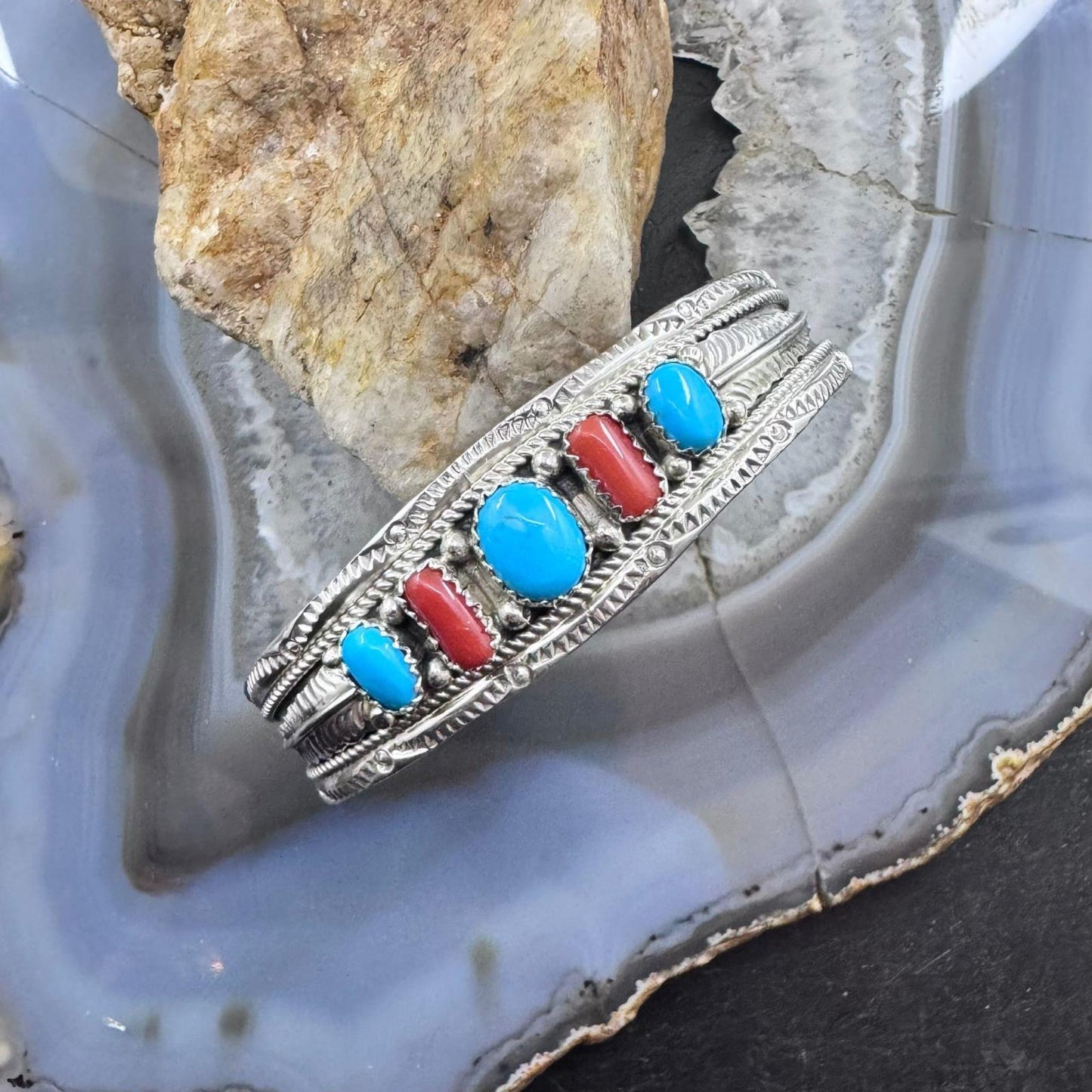 Signed Sterling Silver Native American Turquoise & Coral Row Bracelet For Women